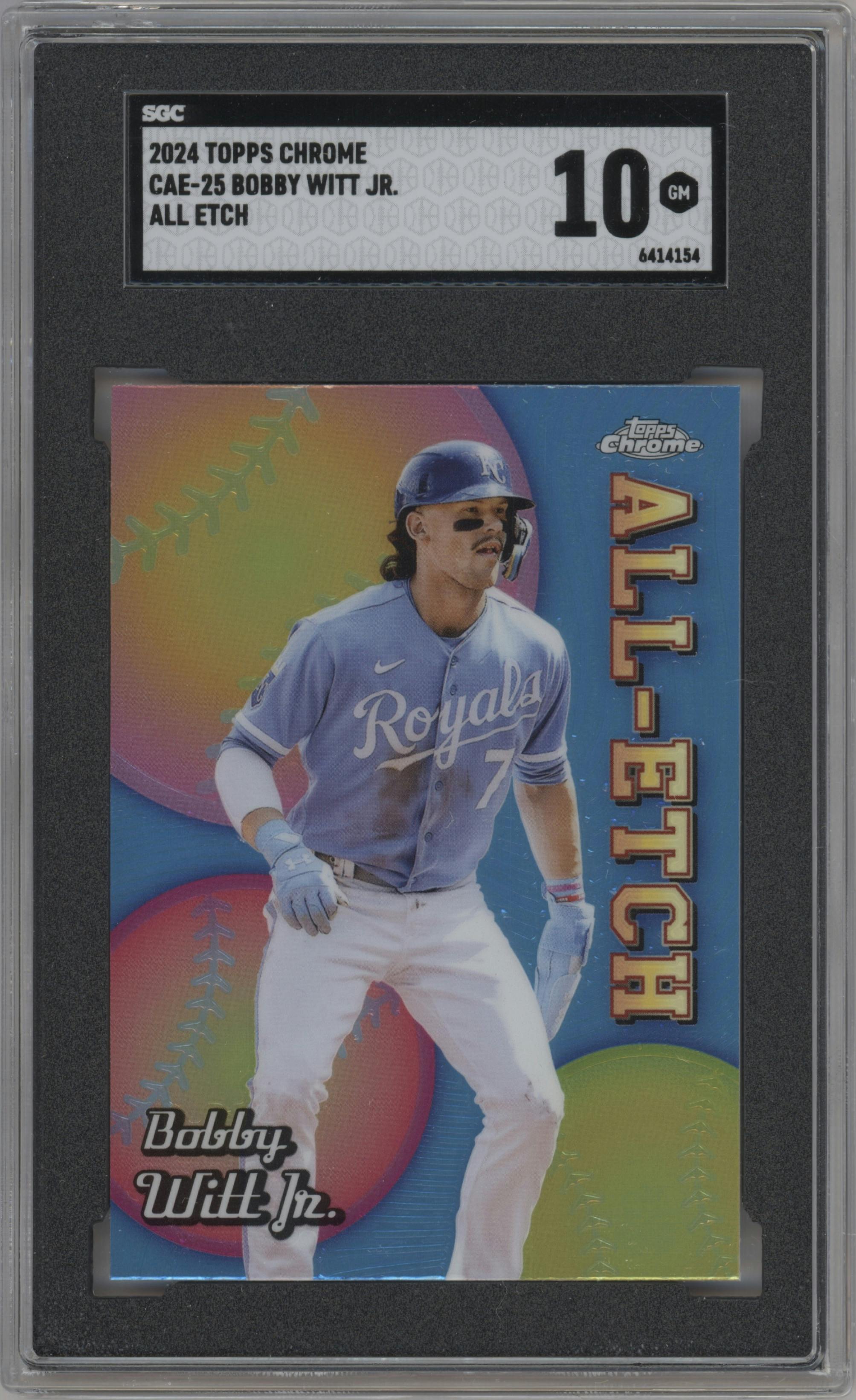 Bobby Witt Jr. from the 2024 Topps Chrome set graded by SGC and given an overall grade of 10.