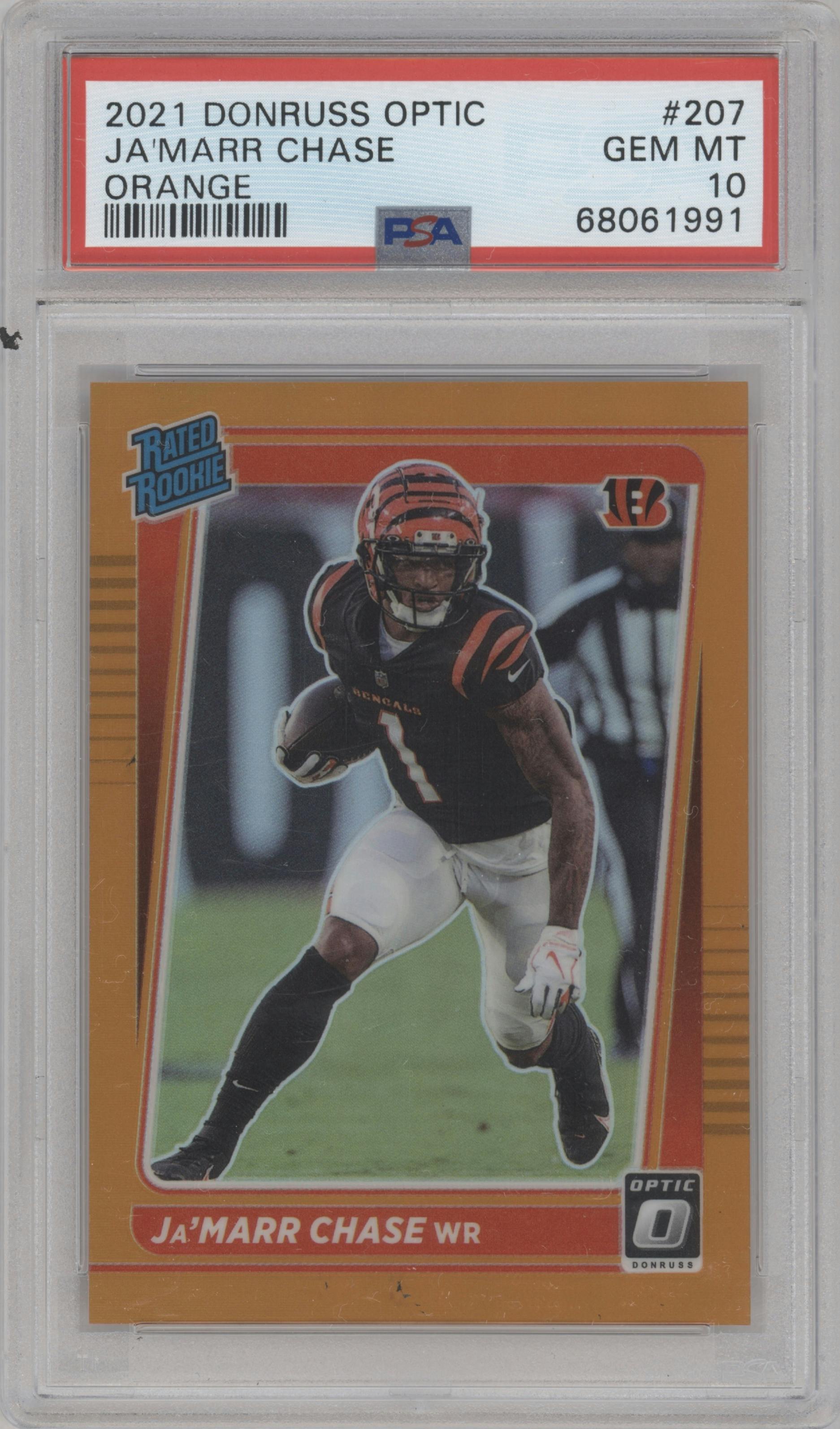 Ja'Marr Chase from the 2021 Panini Donruss Optic set featuring a Orange parallel graded by PSA and given an overall grade of 10.