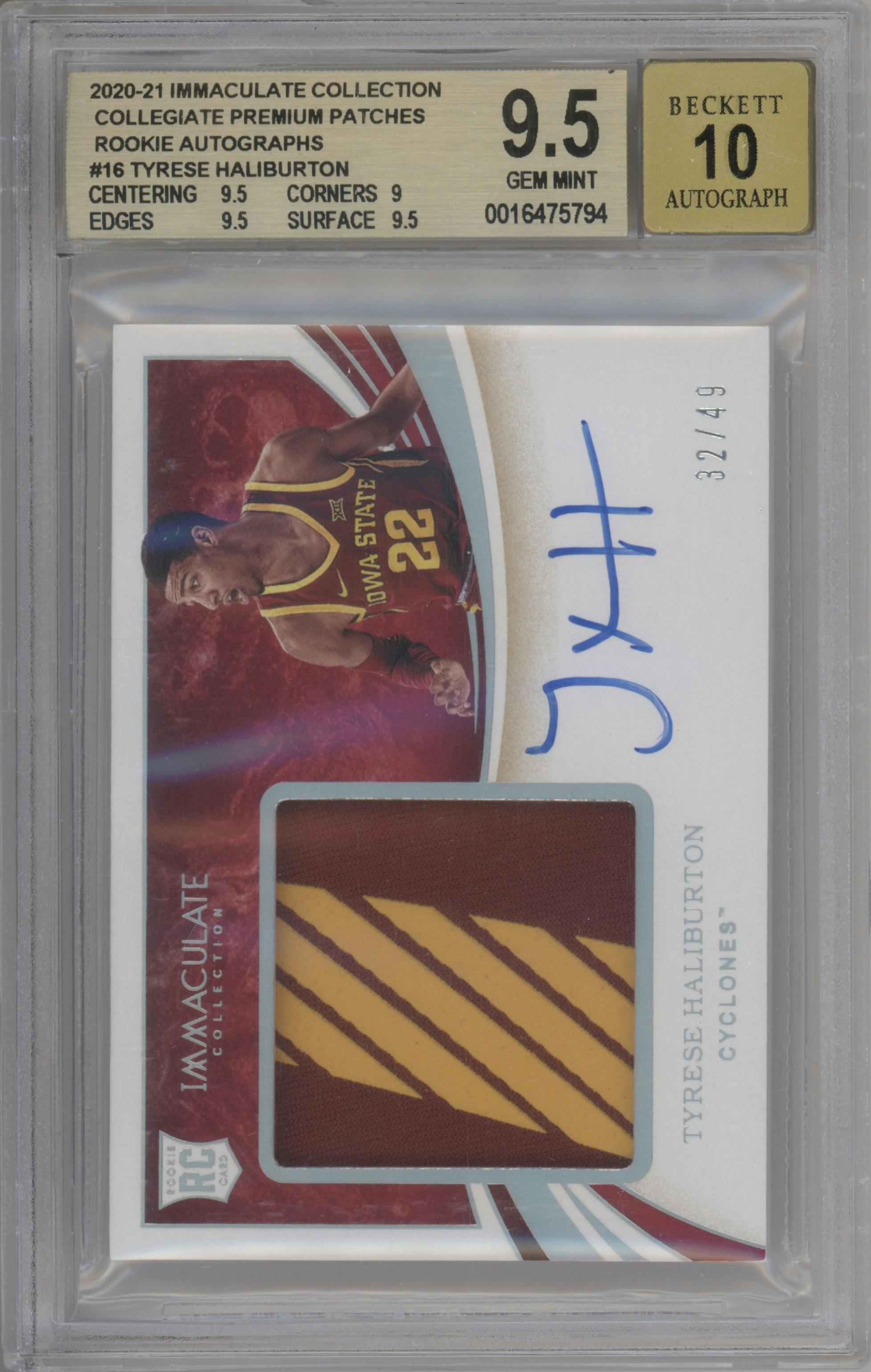 Tyrese Haliburton from the 2020-21 Immaculate Collection Collegiate Basketball set graded by Beckett and given an overall grade of 9.5.