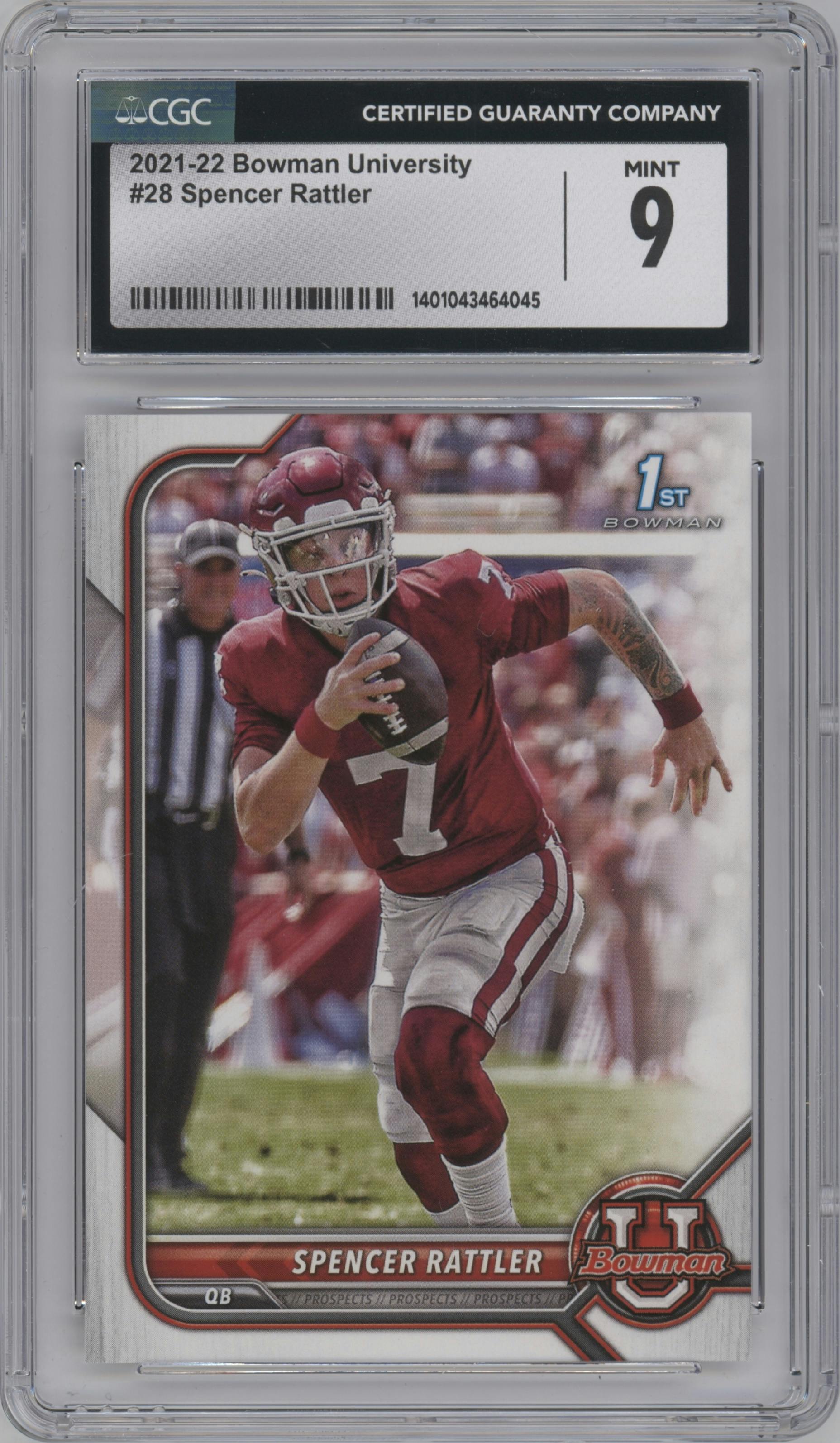Spencer Rattler from the 2021-22 Bowman University set graded by CSG and given an overall grade of 9.