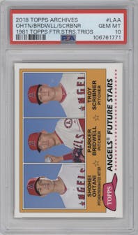 Shohei Ohtani/Parker Bridwell/Troy Scribner from the 2018 Topps Archives set graded by PSA and given an overall grade of 10.