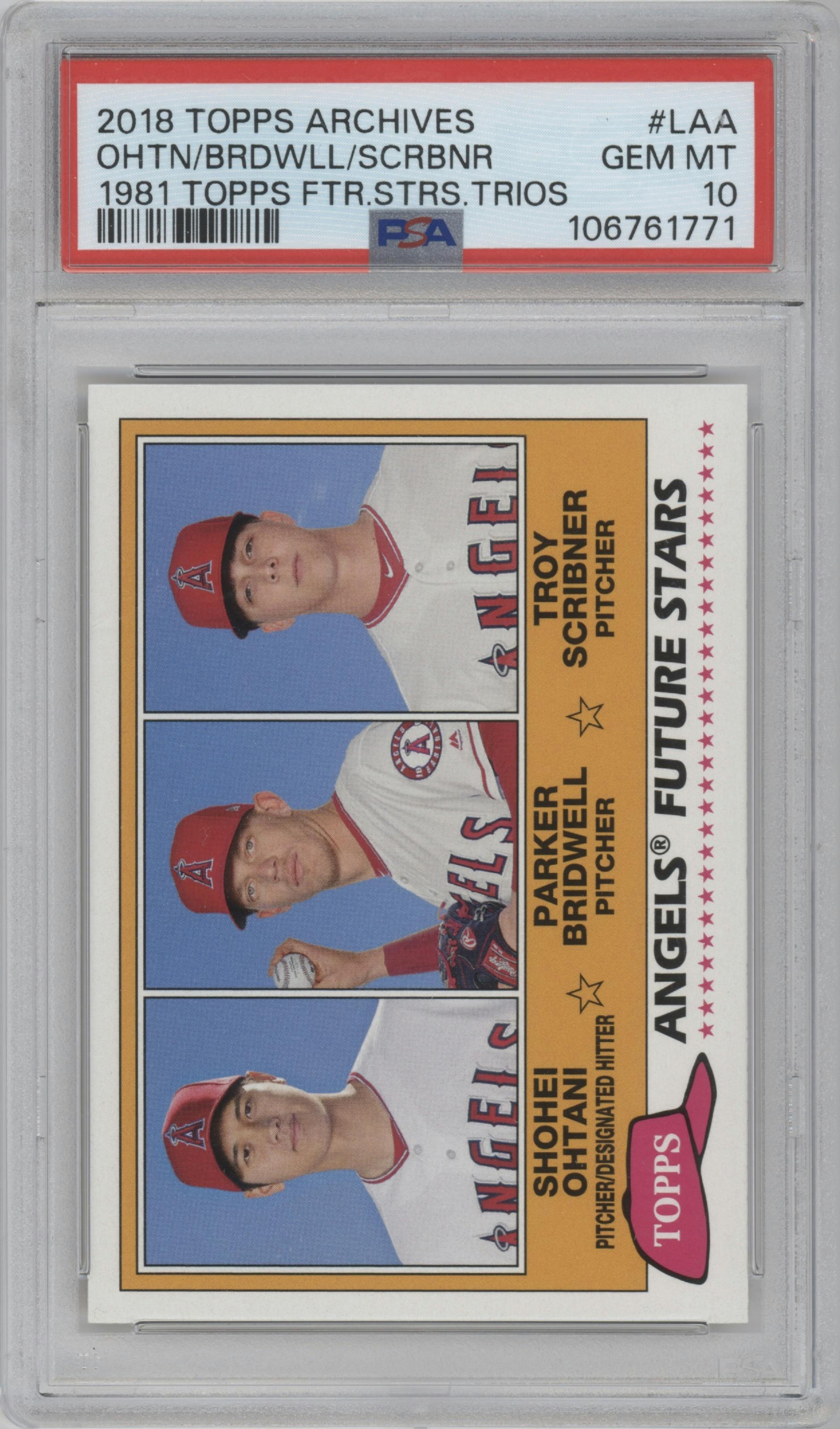 Shohei Ohtani/Parker Bridwell/Troy Scribner from the 2018 Topps Archives set graded by PSA and given an overall grade of 10.