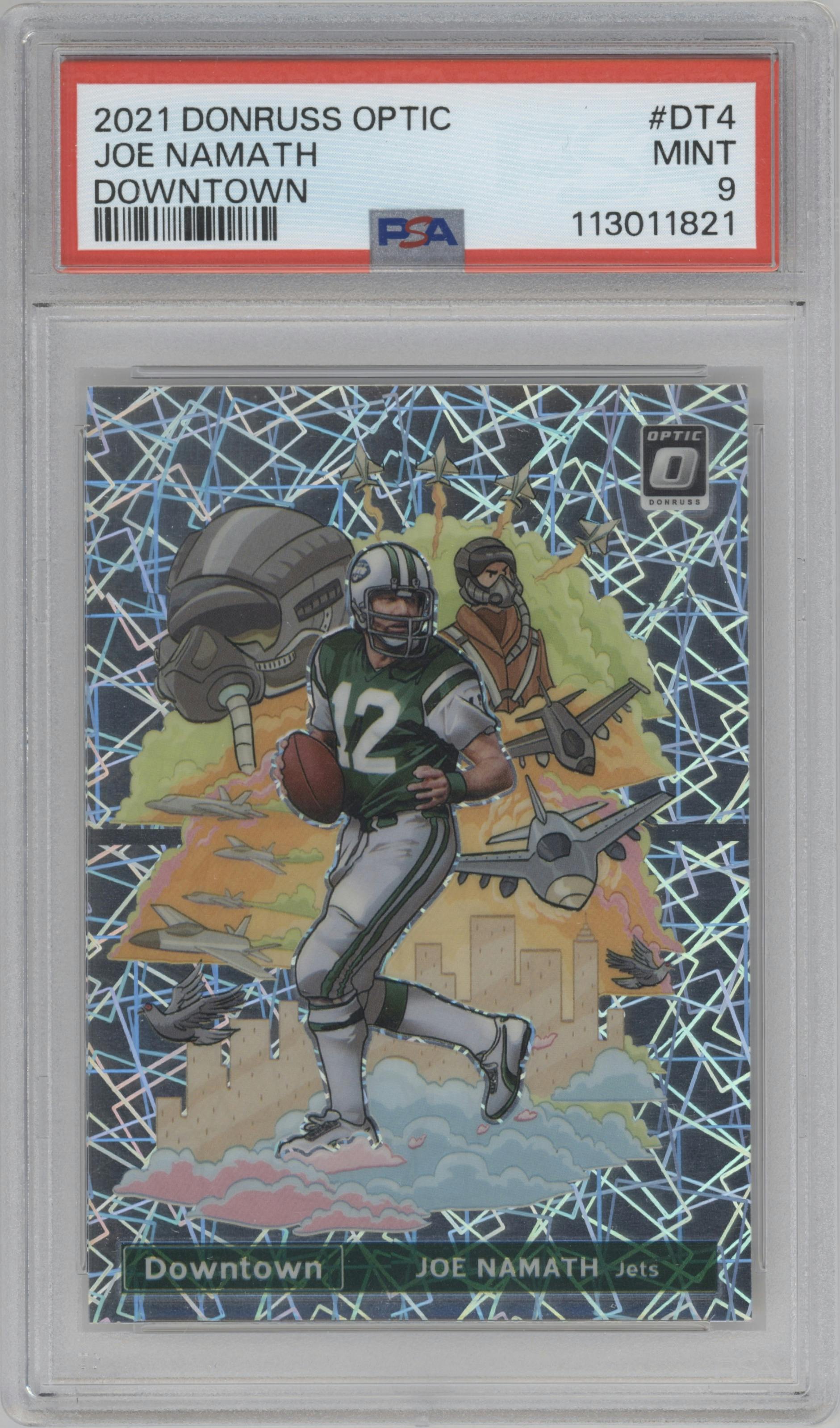 Joe Namath from the 2021 Panini Donruss Optic set graded by PSA and given an overall grade of 9.