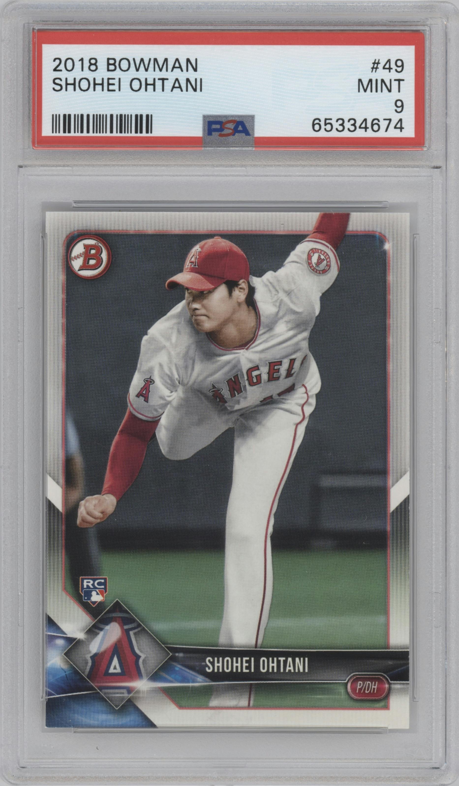 Shohei Ohtani from the 2018 Bowman set graded by PSA and given an overall grade of 9.