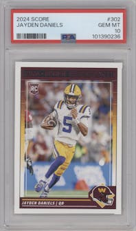 Jayden Daniels from the 2024 Panini Score set graded by PSA and given an overall grade of 10.