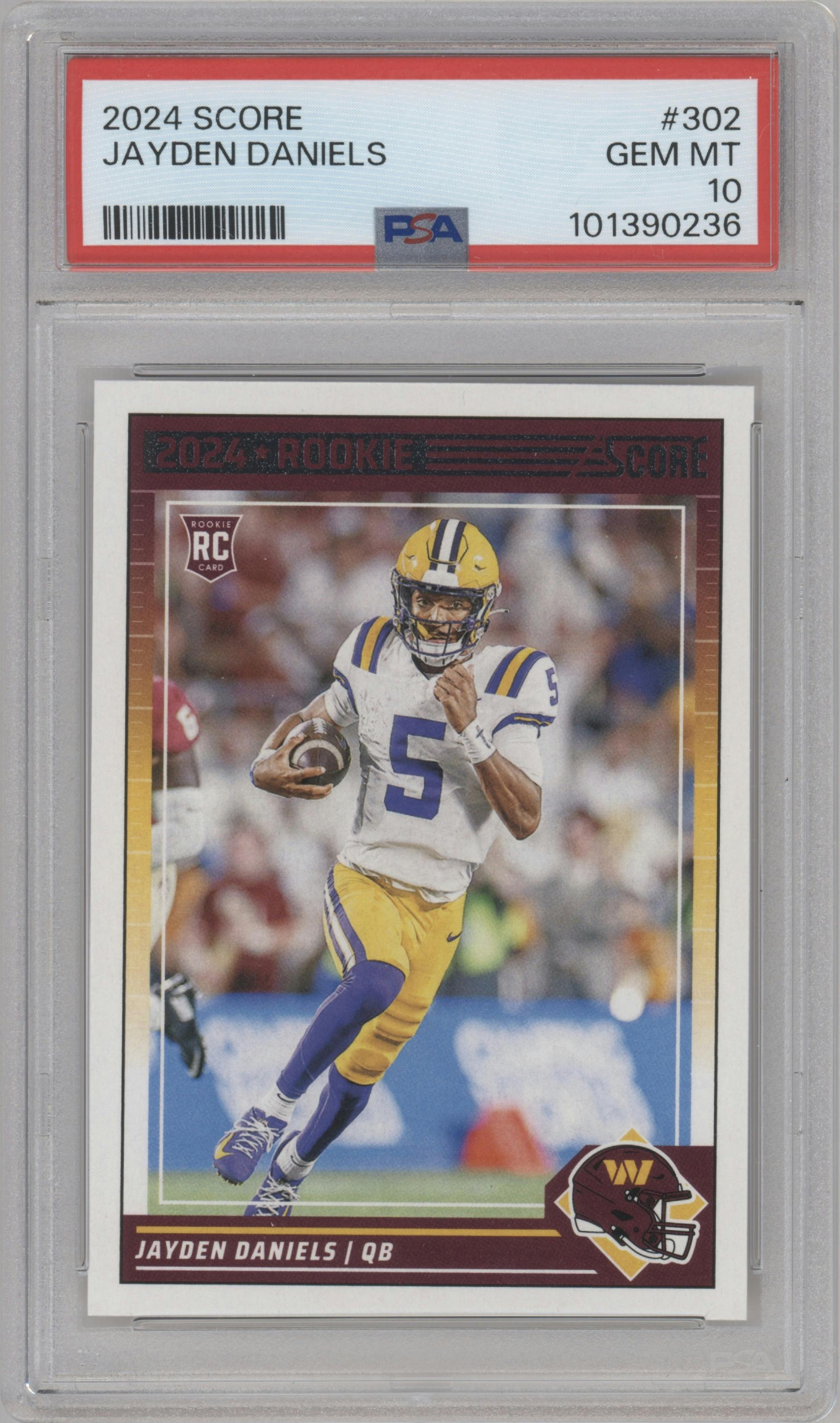 Jayden Daniels from the 2024 Panini Score set graded by PSA and given an overall grade of 10.