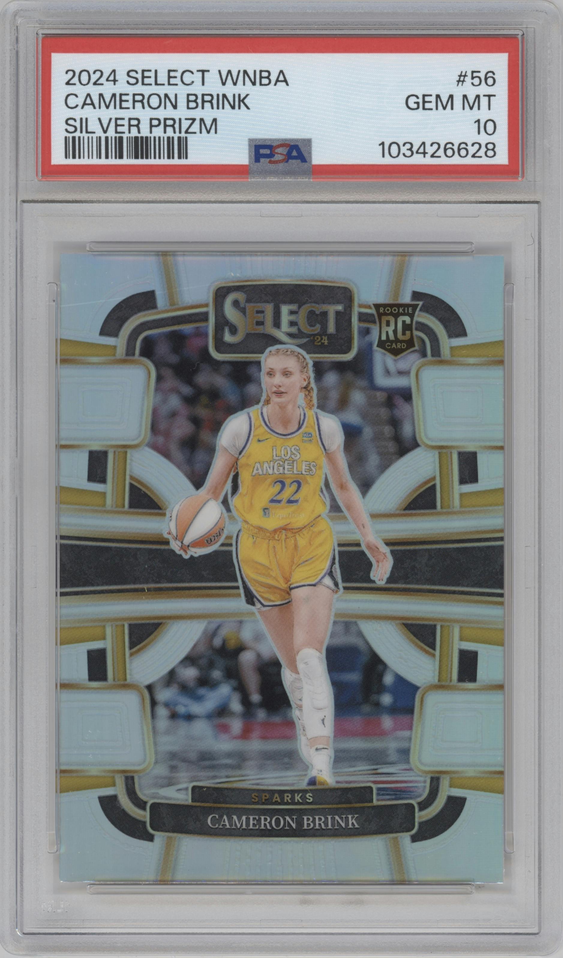 Cameron Brink from the 2024 Panini Select WNBA set featuring a Silver Prizm parallel graded by PSA and given an overall grade of 10.