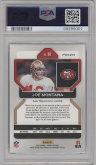 Joe Montana from the 2021 Panini Prizm set featuring a Green Ice parallel graded by PSA and given an overall grade of 10.