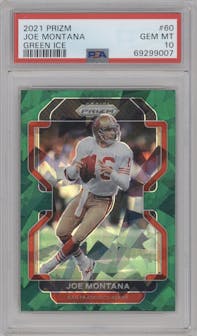 Joe Montana from the 2021 Panini Prizm set featuring a Green Ice parallel graded by PSA and given an overall grade of 10.