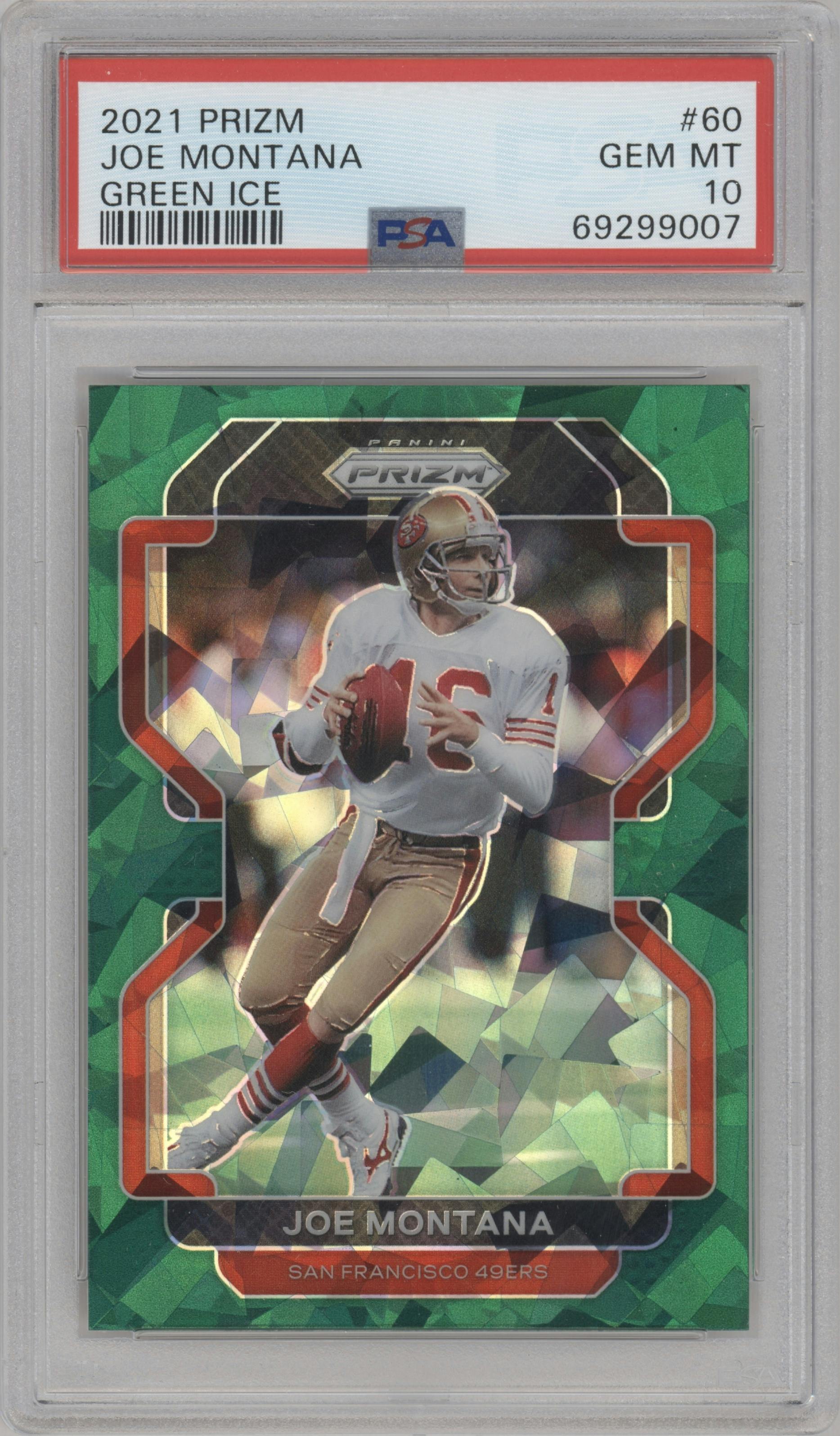 Joe Montana from the 2021 Panini Prizm set featuring a Green Ice parallel graded by PSA and given an overall grade of 10.