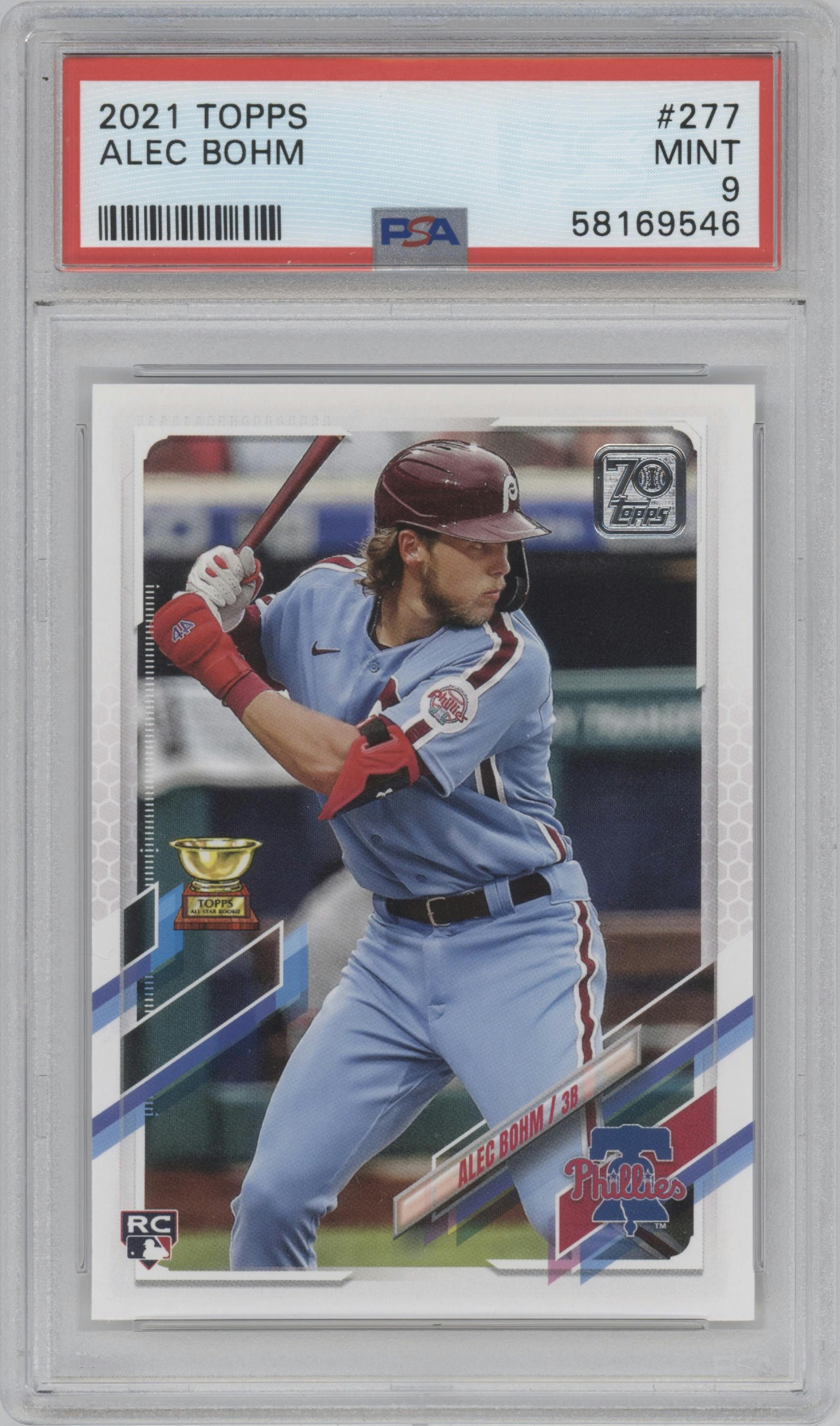 Alec Bohm from the 2021 Topps Series 1 set graded by PSA and given an overall grade of 9.