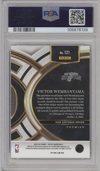 Victor Wembanyama from the 2023-24 Panini Select  set featuring a Blue Prizm parallel graded by PSA and given an overall grade of 10.