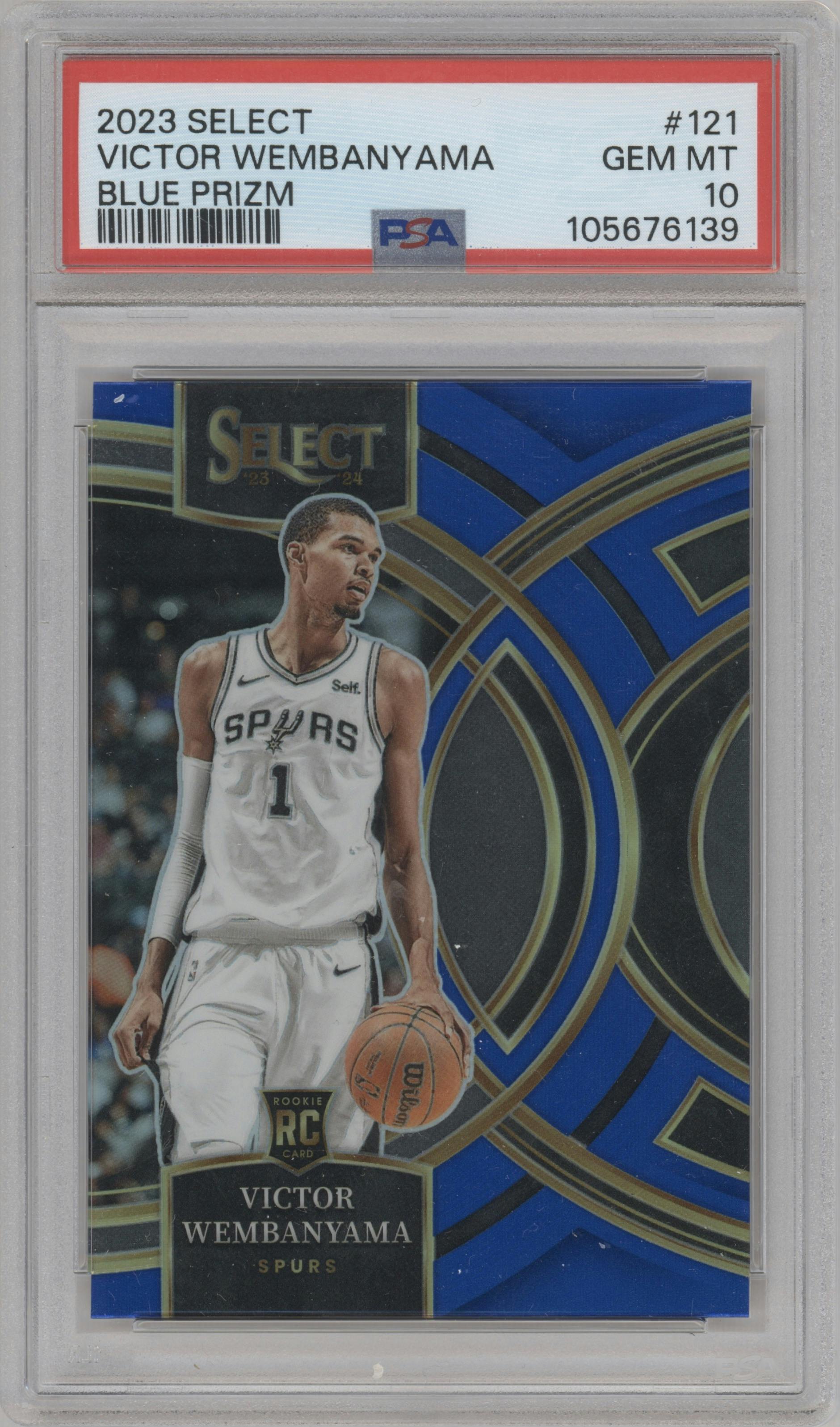 Victor Wembanyama from the 2023-24 Panini Select  set featuring a Blue Prizm parallel graded by PSA and given an overall grade of 10.