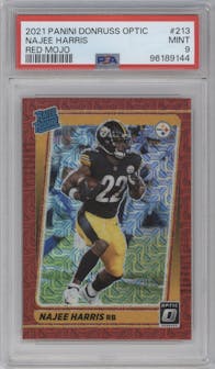 Najee Harris from the 2021 Panini Donruss Optic set featuring a Red Mojo parallel graded by PSA and given an overall grade of 9.