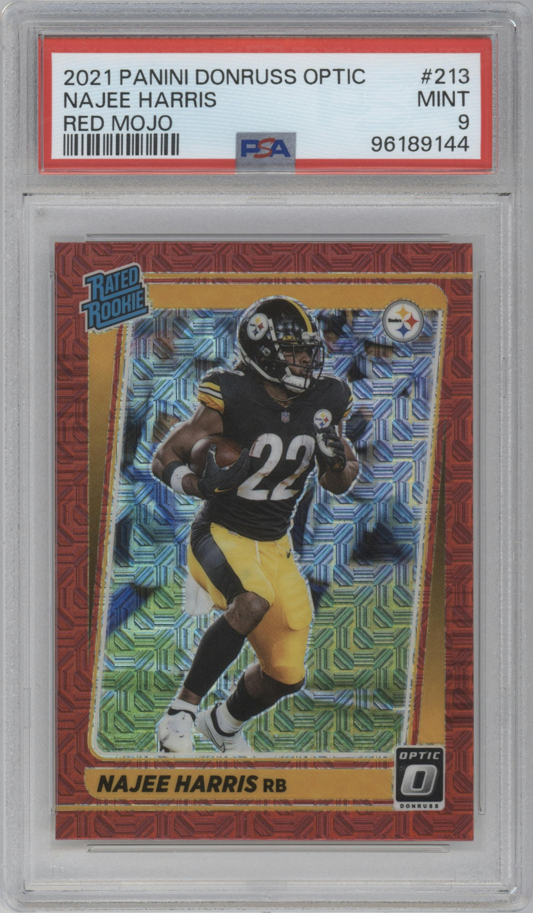 Najee Harris from the 2021 Panini Donruss Optic set featuring a Red Mojo parallel graded by PSA and given an overall grade of 9.