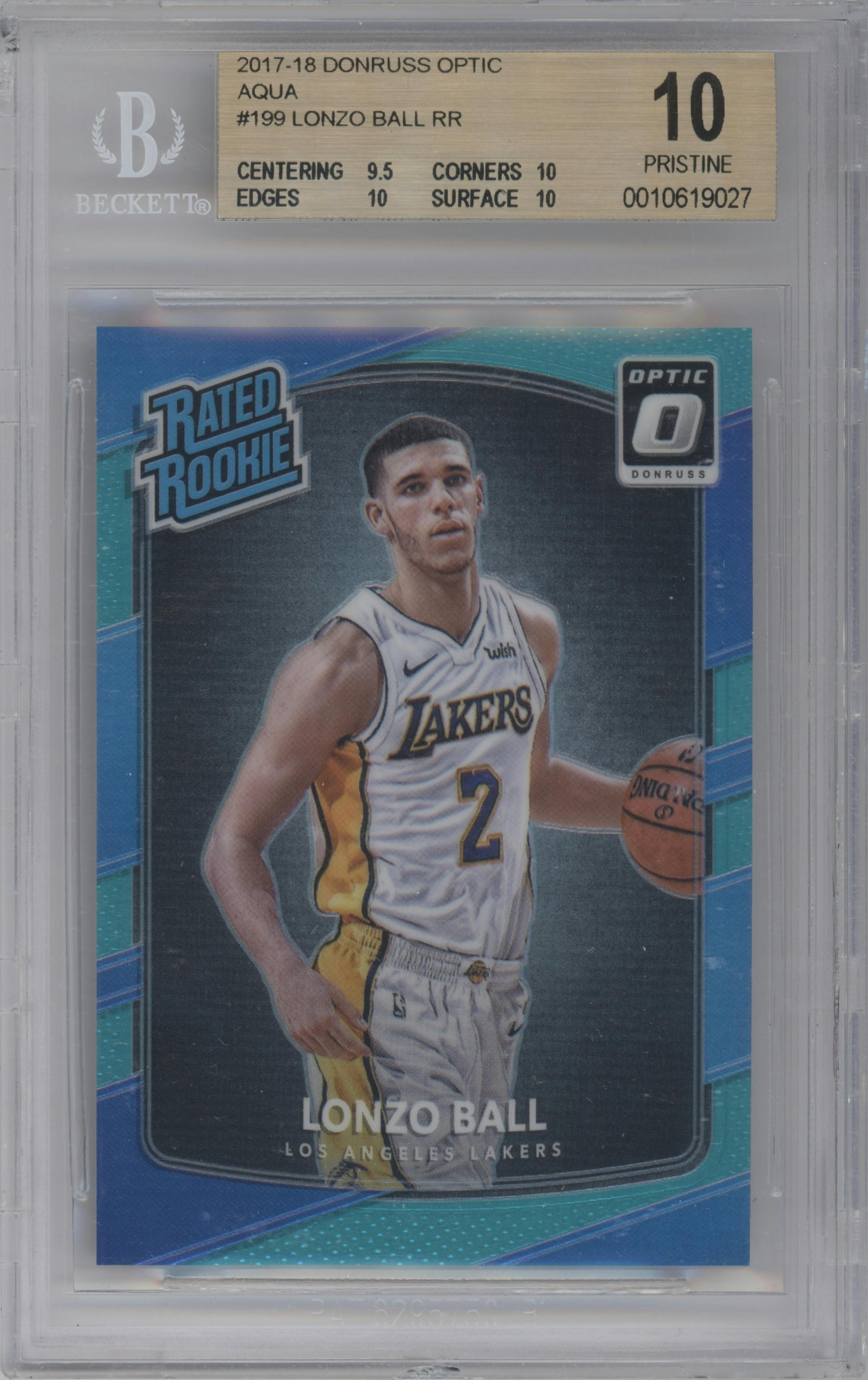 Lonzo Ball from the 2017-18 Panini Donruss Optic set featuring a Aqua parallel graded by Beckett and given an overall grade of 10.