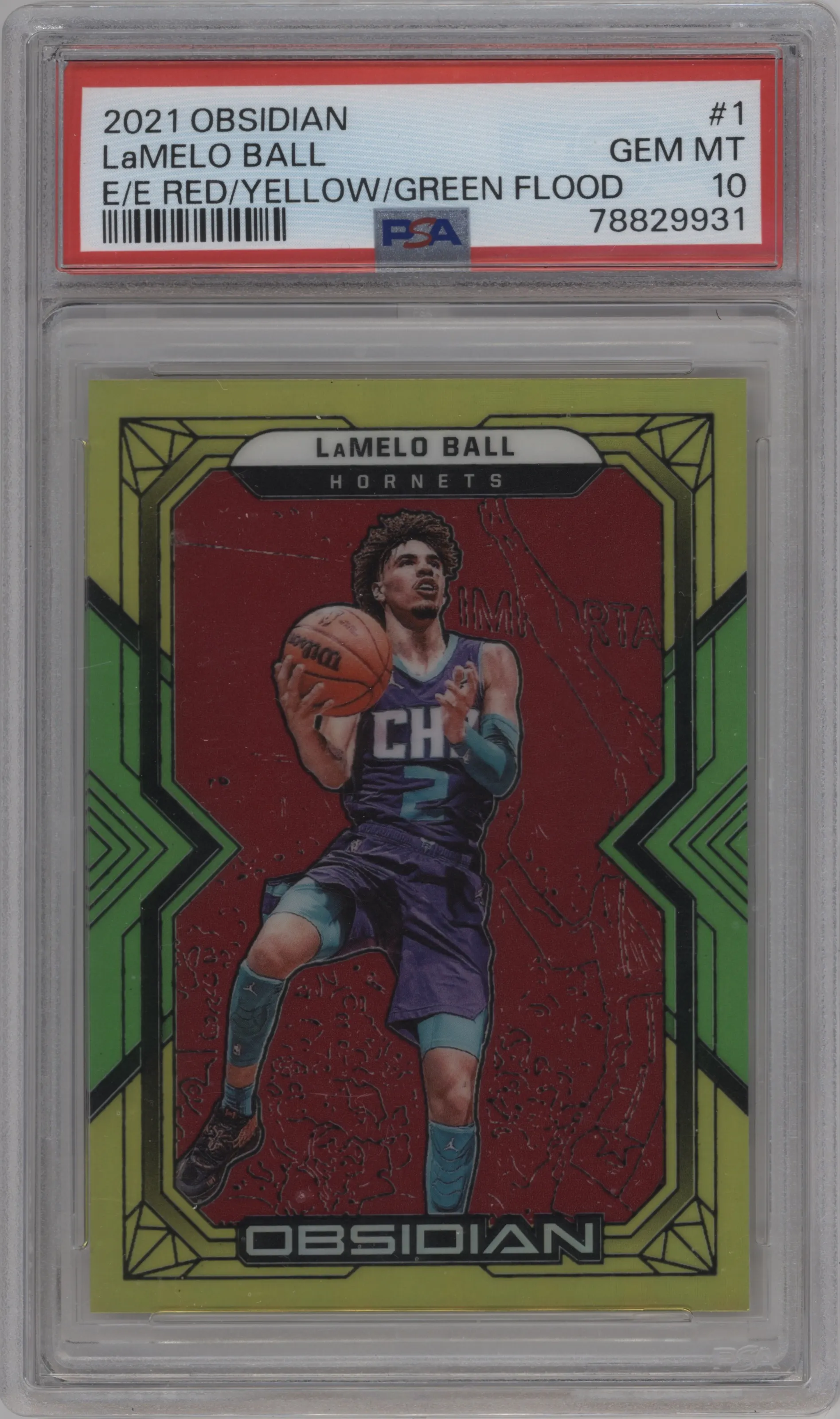 2021 Panini Obsidian LaMelo Ball Electric Etch Red/Yellow/Green Flood PSA 10