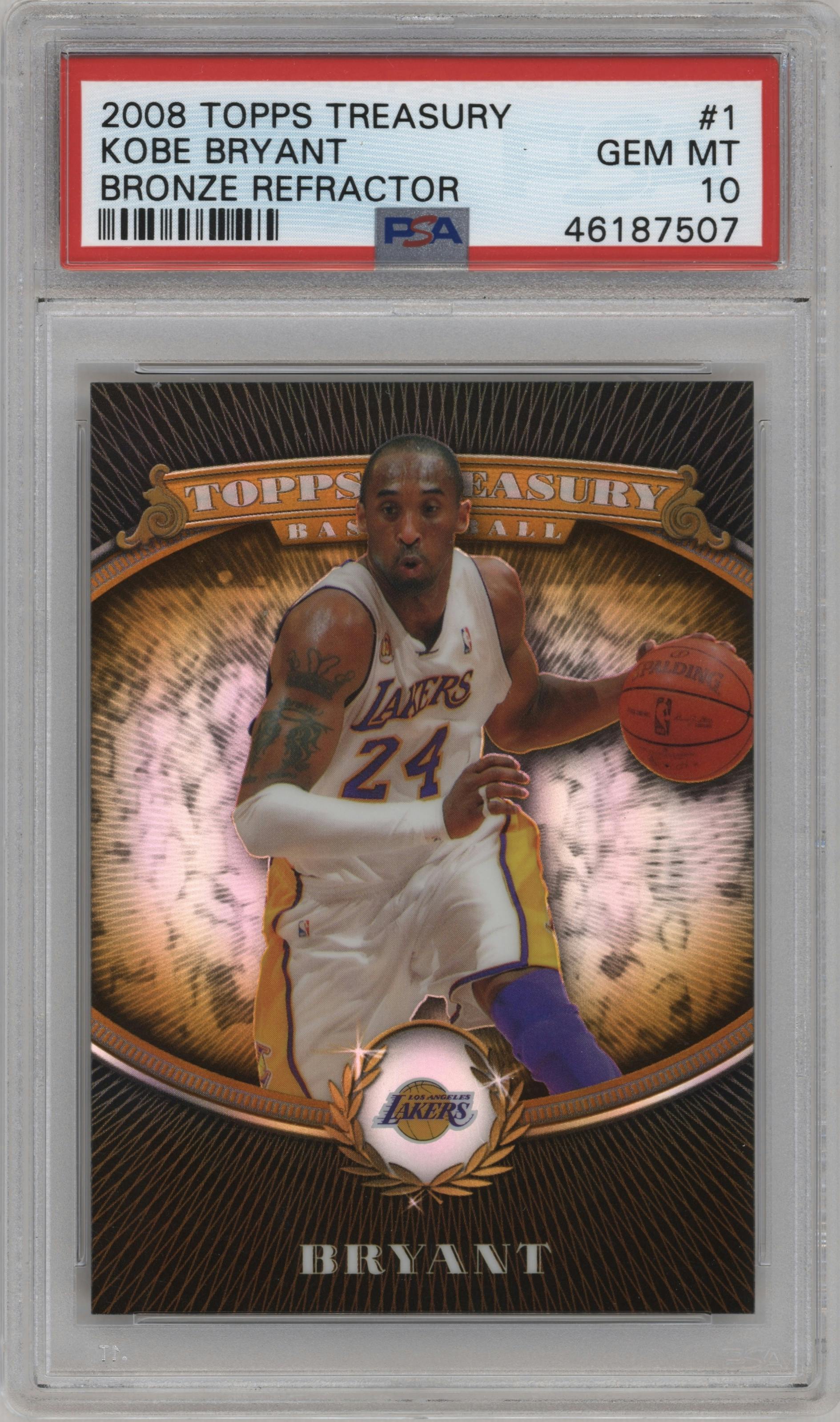 Kobe Bryant from the 2008-09 Topps Treasury Basketball set featuring a Bronze Refractor parallel graded by PSA and given an overall grade of 10.