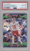 Patrick Mahomes II from the 2024 Panini Prizm set featuring a Green Ice parallel graded by PSA and given an overall grade of 10.