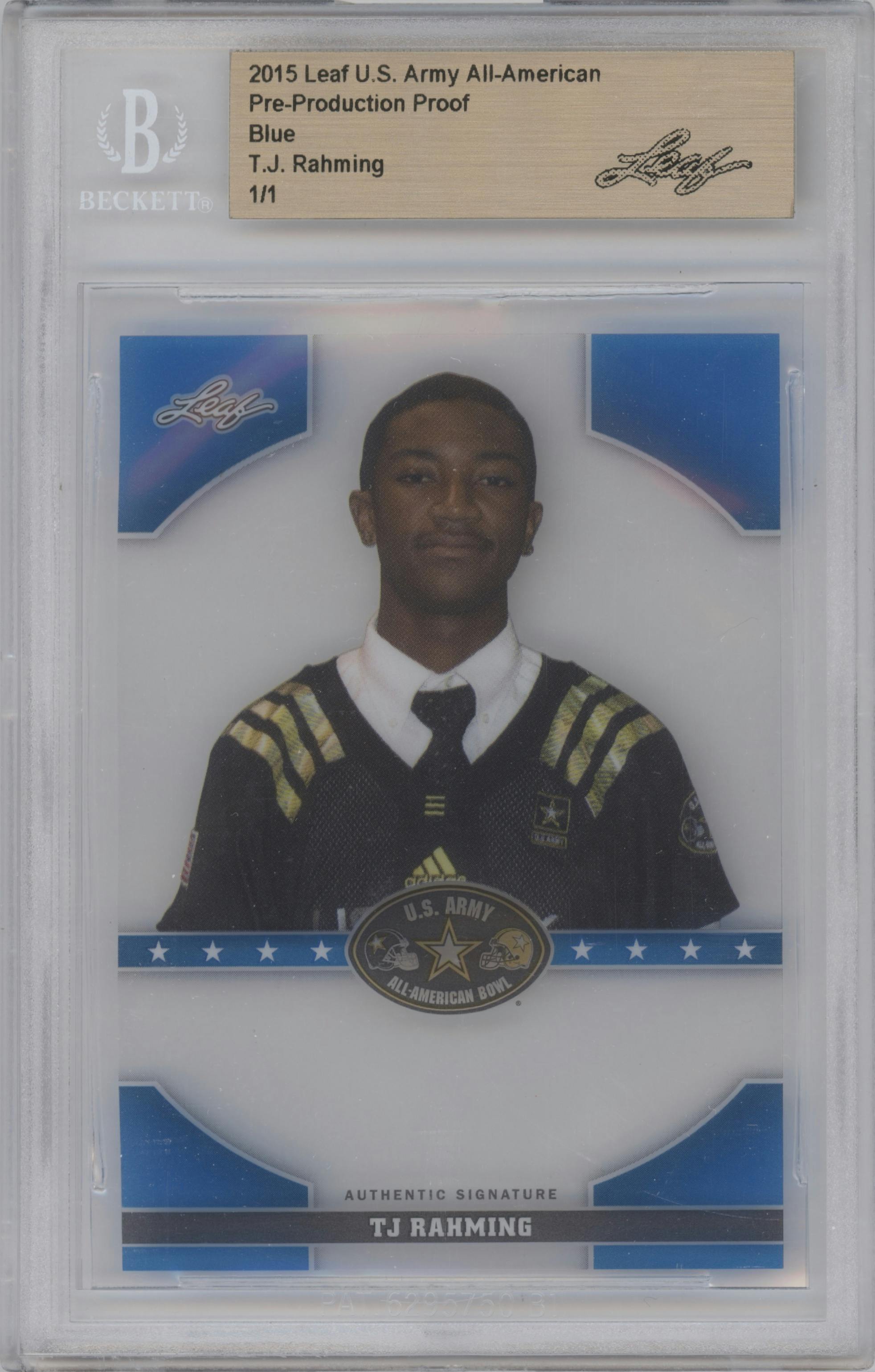 TJ Rahming from the 2015 Leaf US Army All-American set featuring a Pre-Production Proof Blue parallel graded by Beckett.
