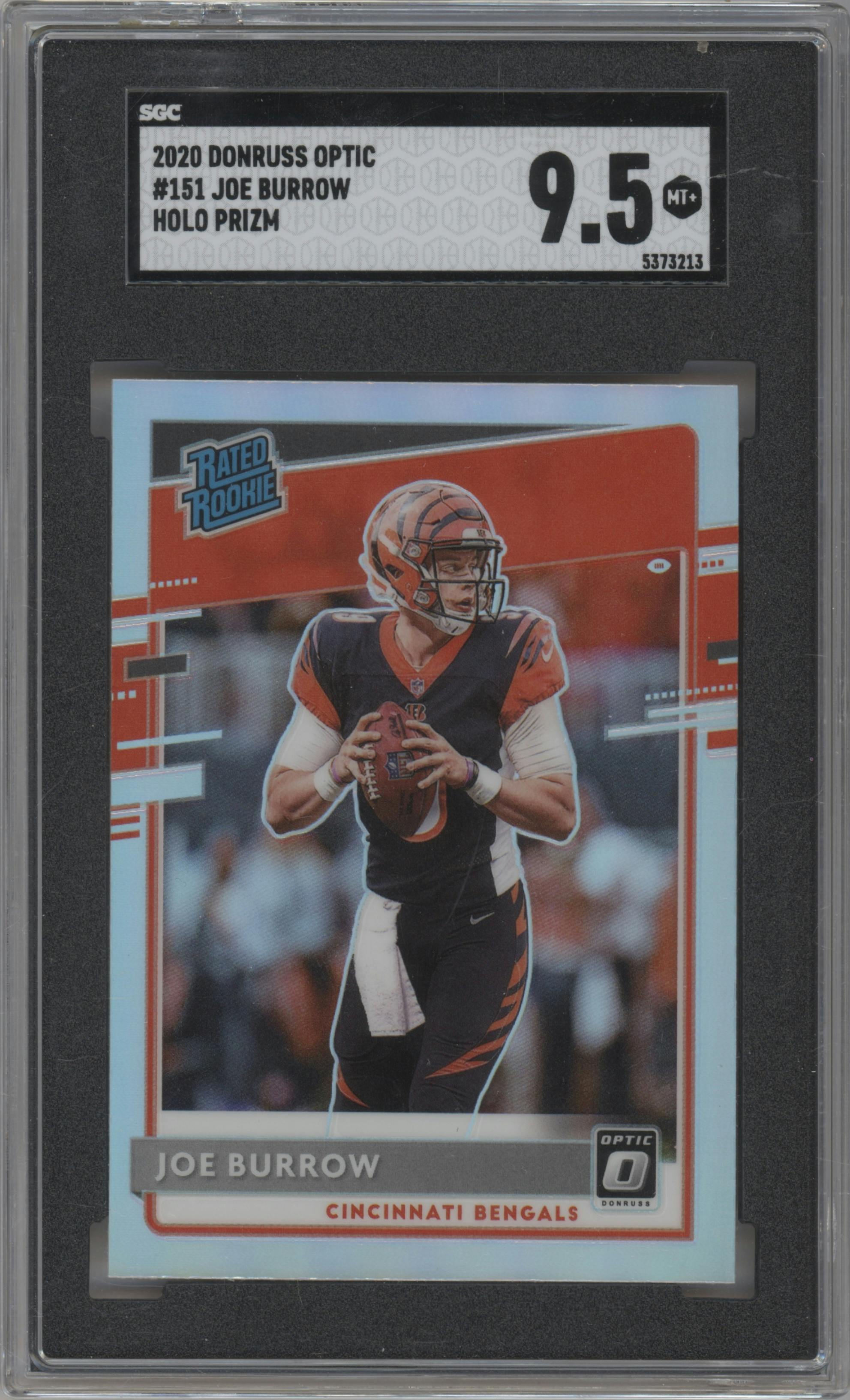 Joe Burrow from the 2020 Panini Donruss Optic set featuring a Holo parallel graded by SGC and given an overall grade of 9.5.
