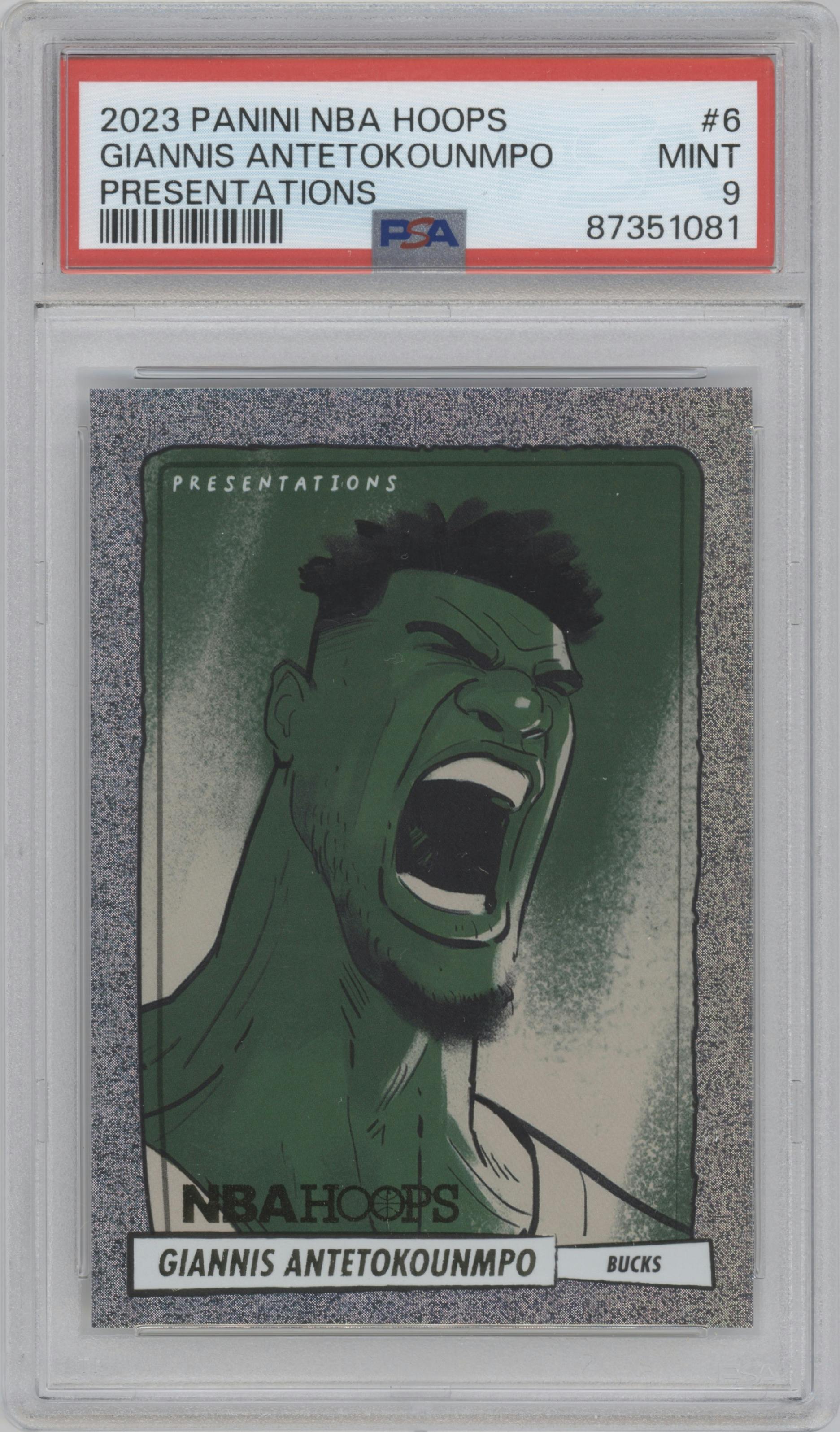 Giannis Antetokounmpo from the 2023-24 Panini NBA Hoops set graded by PSA and given an overall grade of 9.