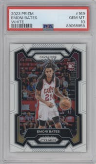 Emoni Bates from the 2023-24 Panini Prizm set featuring a White Prizm parallel graded by PSA and given an overall grade of 10.
