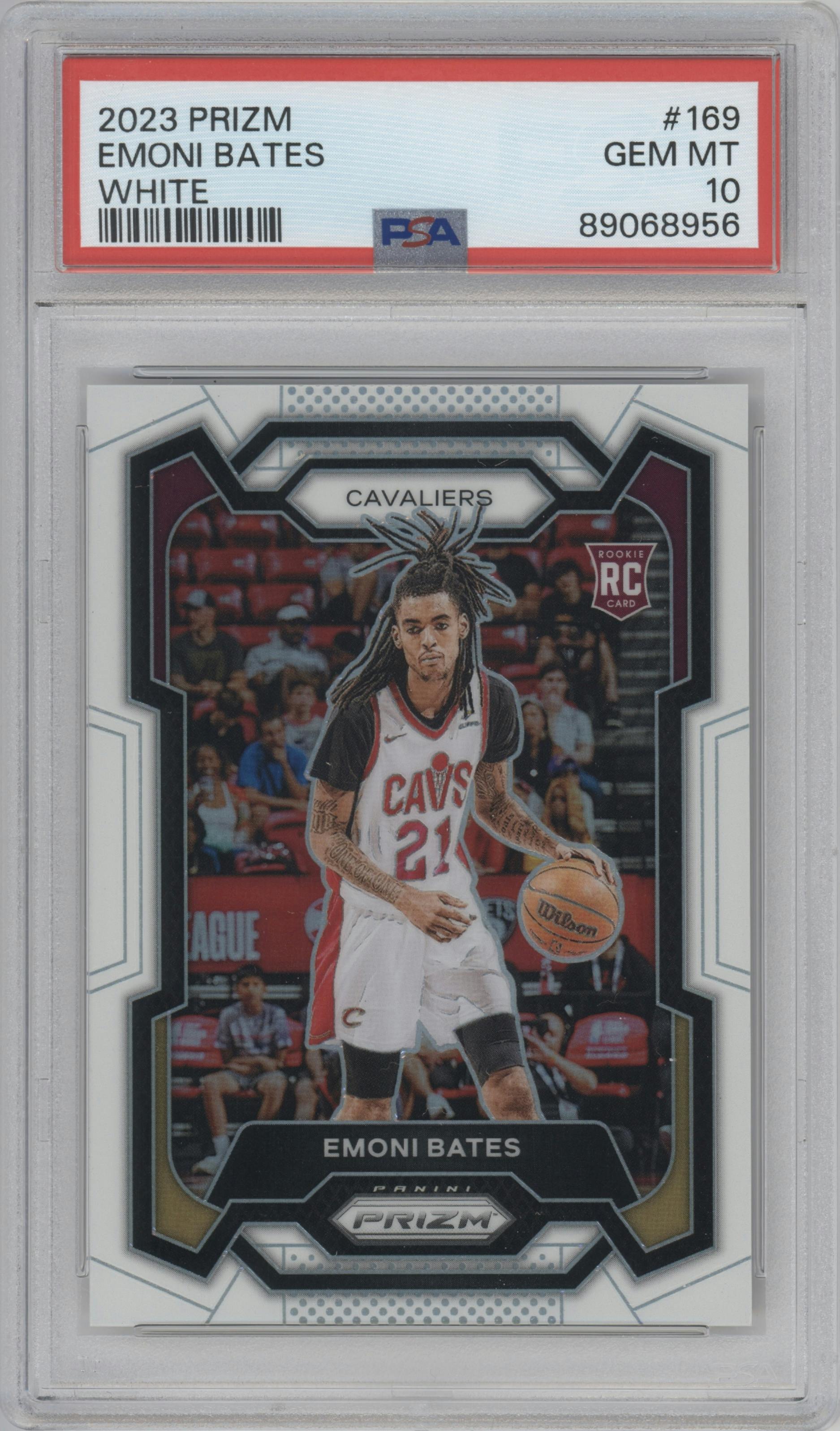Emoni Bates from the 2023-24 Panini Prizm set featuring a White Prizm parallel graded by PSA and given an overall grade of 10.