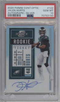 Jalen Hurts from the 2020 Panini Contenders Optic set featuring a Silver parallel graded by PSA and given an overall grade of 10.