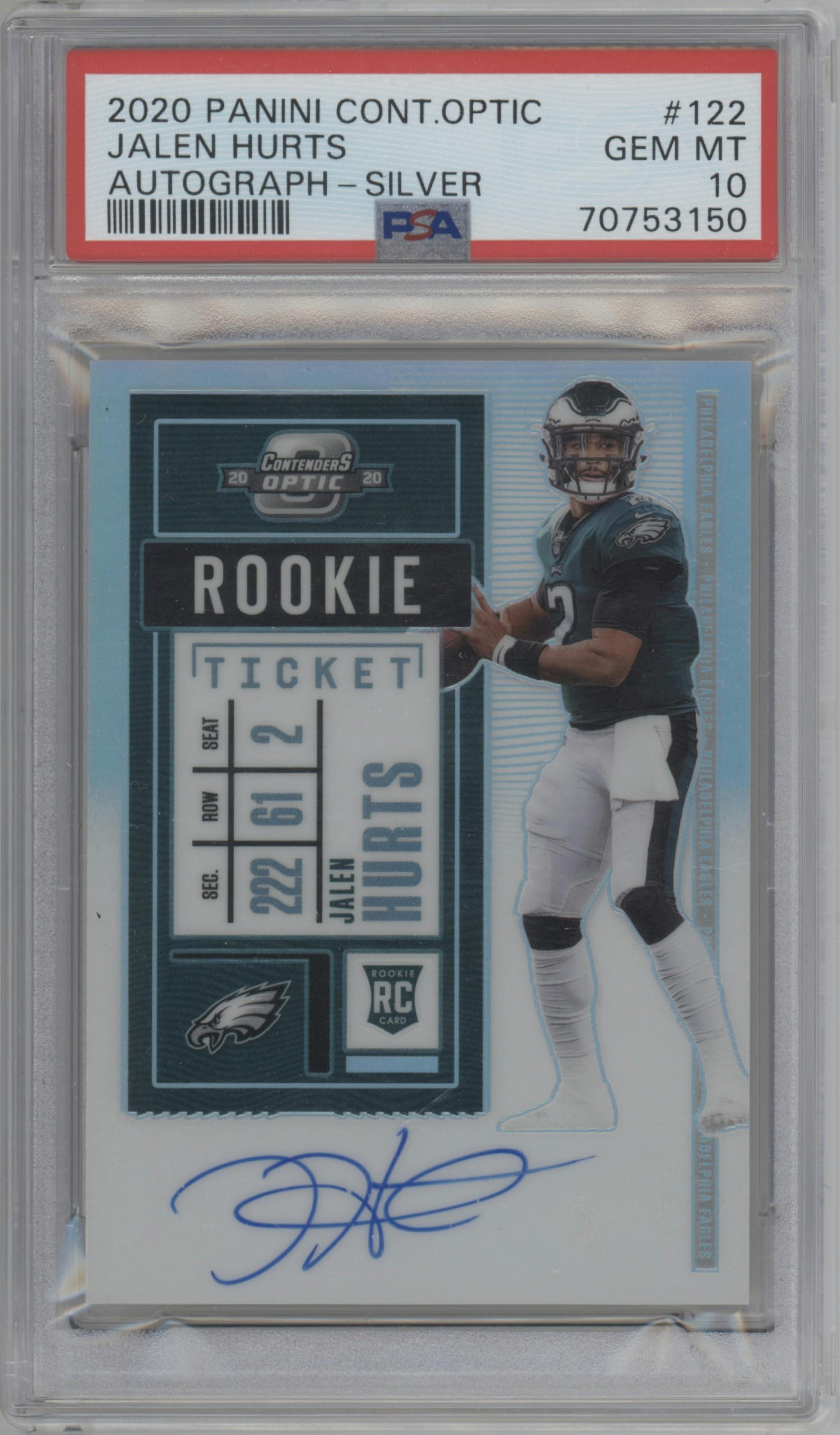 Jalen Hurts from the 2020 Panini Contenders Optic set featuring a Silver parallel graded by PSA and given an overall grade of 10.