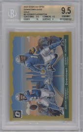 Justin Herbert/Quentin Johnston from the 2024 Donruss Optic set featuring a Gold parallel graded by Beckett and given an overall grade of 9.5.