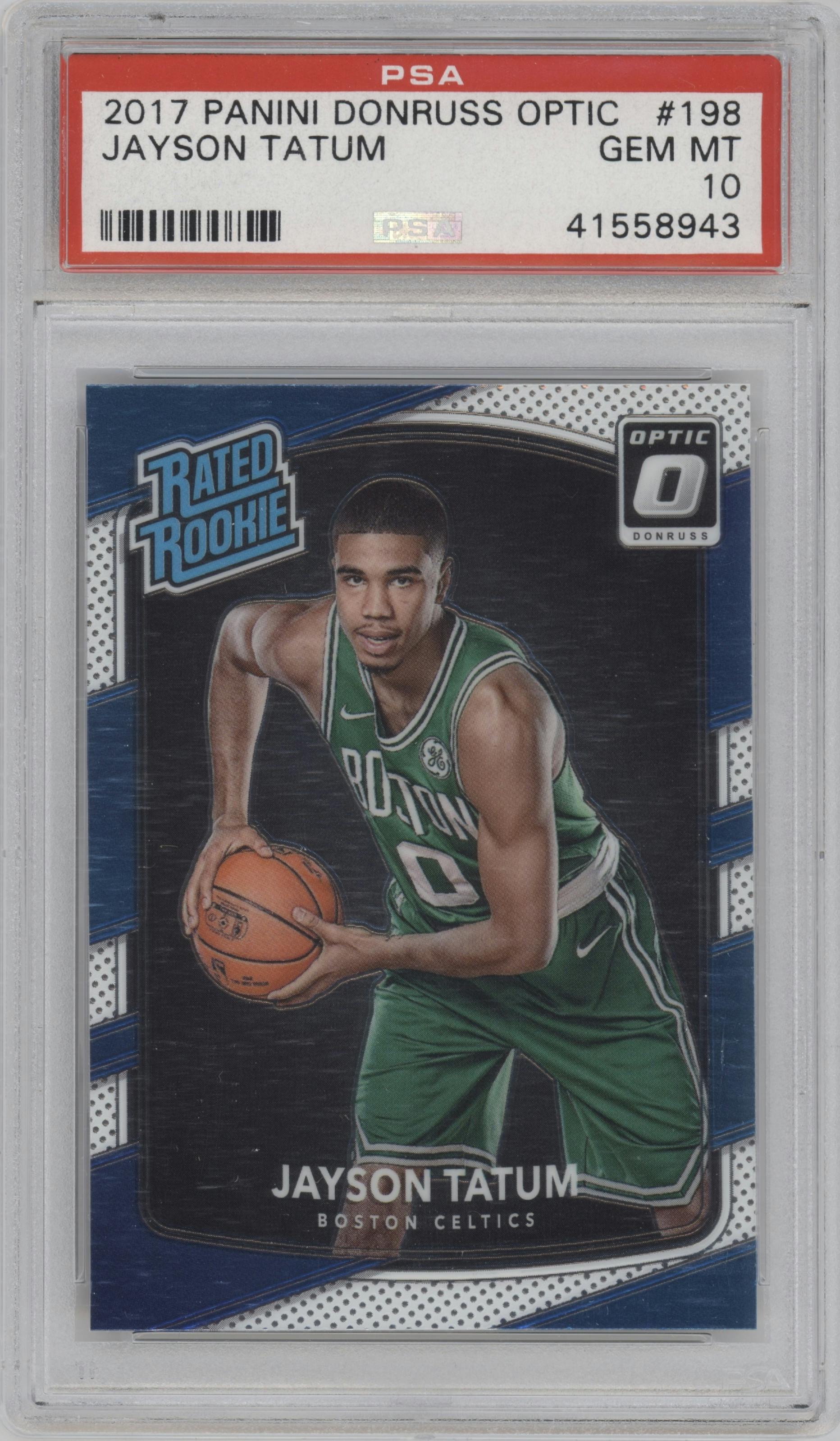Jayson Tatum from the 2017-18 Panini Donruss Optic set graded by PSA and given an overall grade of 10.