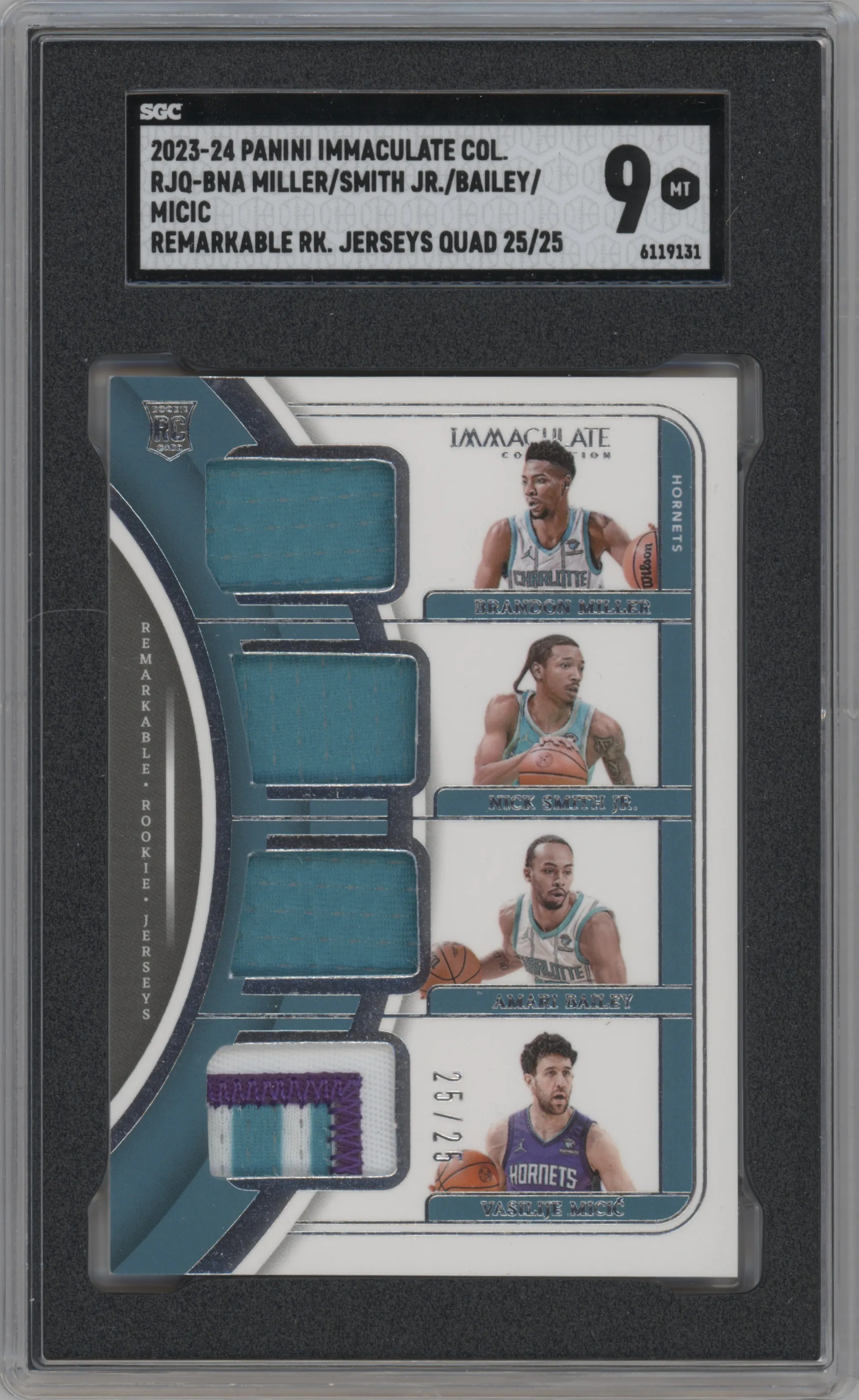 2023 Panini Immaculate Collection Remarkable Rke.Jrsy.Quad Brandon Miller/Nick Smith Jr./Amari Bailey/Vasilije Micic SGC 9