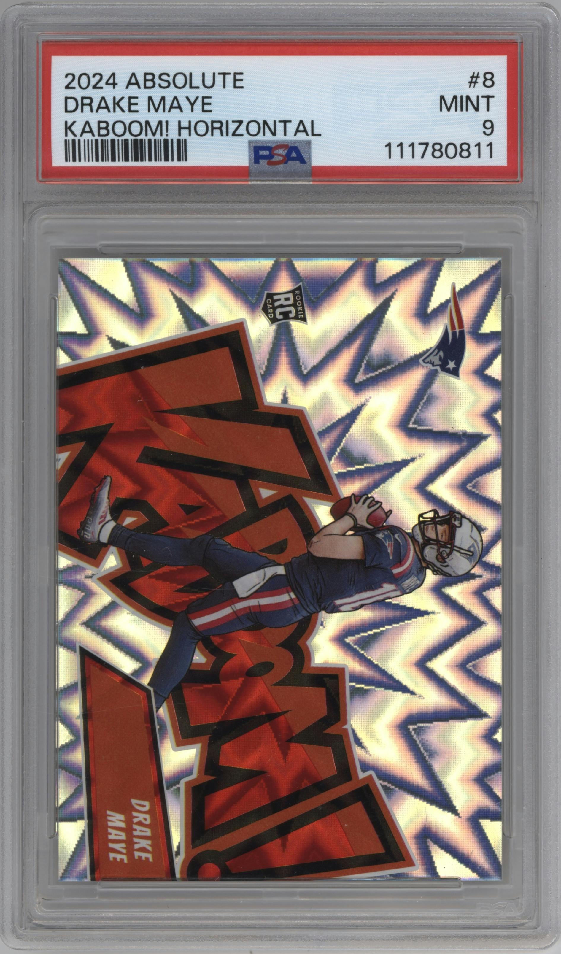 Drake Maye from the 2024 Panini Absolute set graded by PSA and given an overall grade of 9.