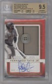 Fernando Tatis Jr. from the 2023 Topps Definitive Collection set featuring a Red Button Jersey parallel graded by Beckett and given an overall grade of 9.5.