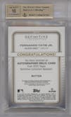 Fernando Tatis Jr. from the 2023 Topps Definitive Collection set featuring a Red Button Jersey parallel graded by Beckett and given an overall grade of 9.5.