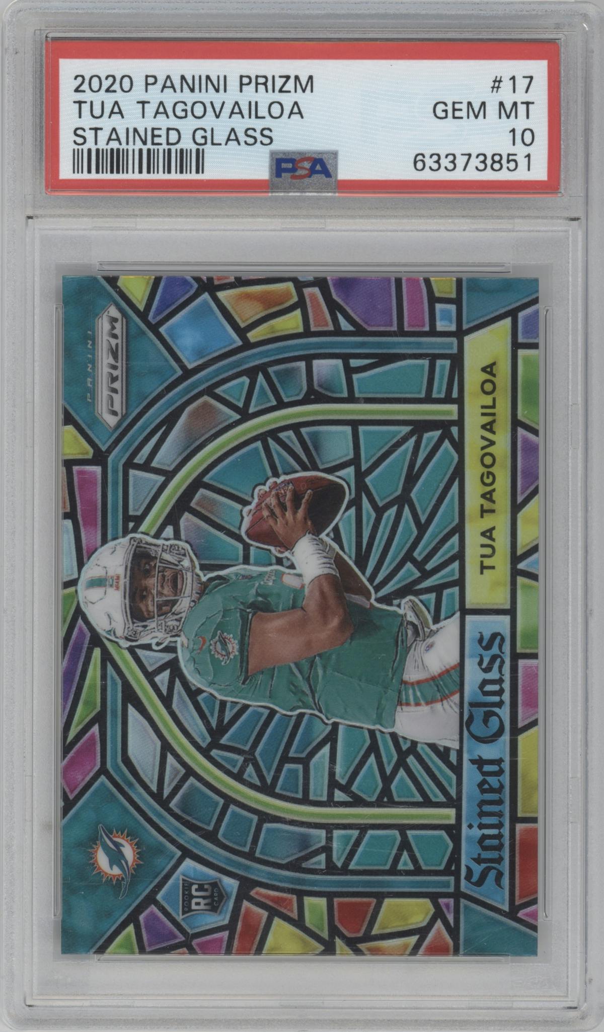 Tua Tagovailoa from the 2020 Panini Prizm set graded by PSA and given an overall grade of 10.