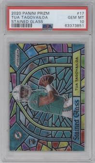 Tua Tagovailoa from the 2020 Panini Prizm set graded by PSA and given an overall grade of 10.