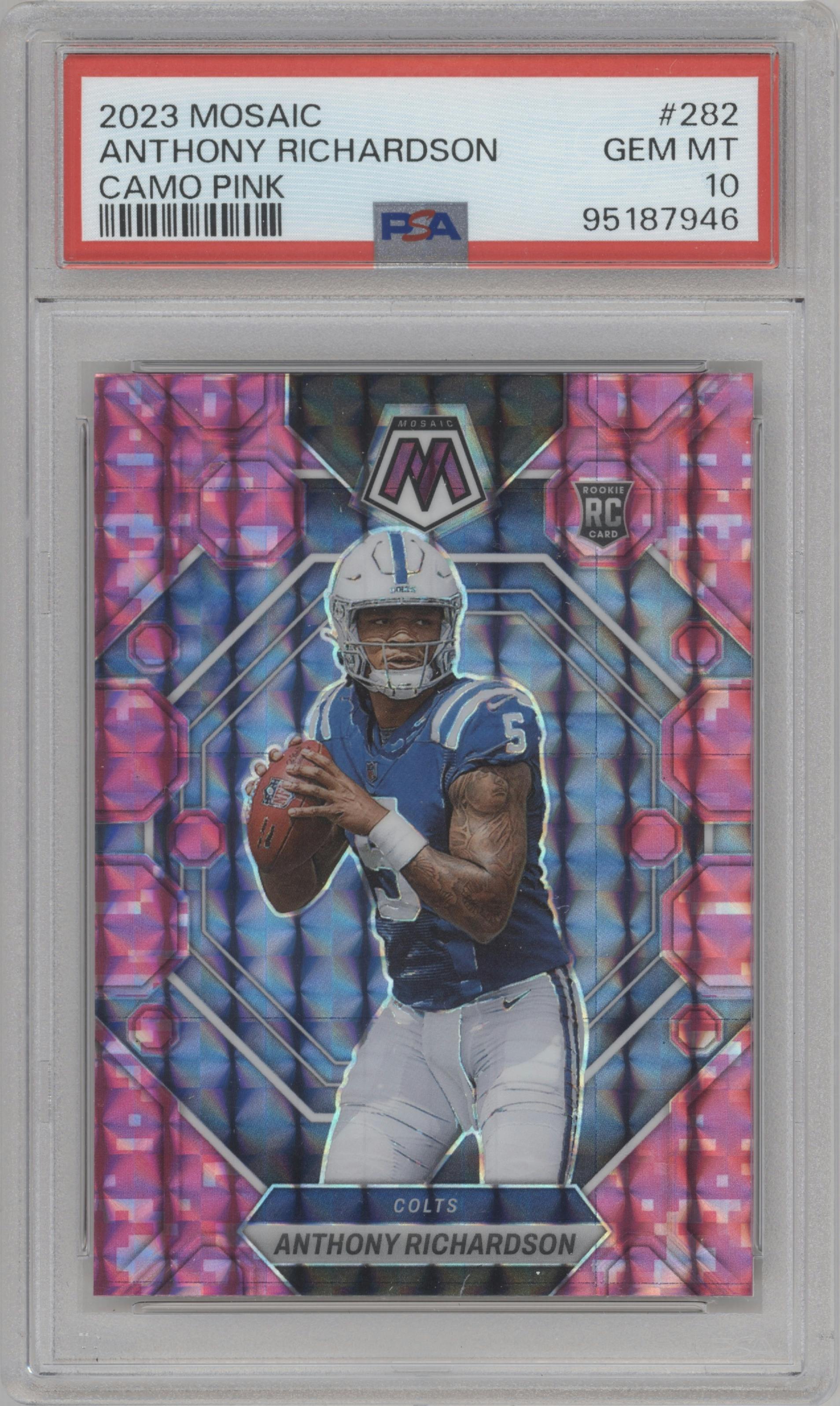 Anthony Richardson from the 2023 Panini Mosaic set featuring a Pink Camo parallel graded by PSA and given an overall grade of 10.