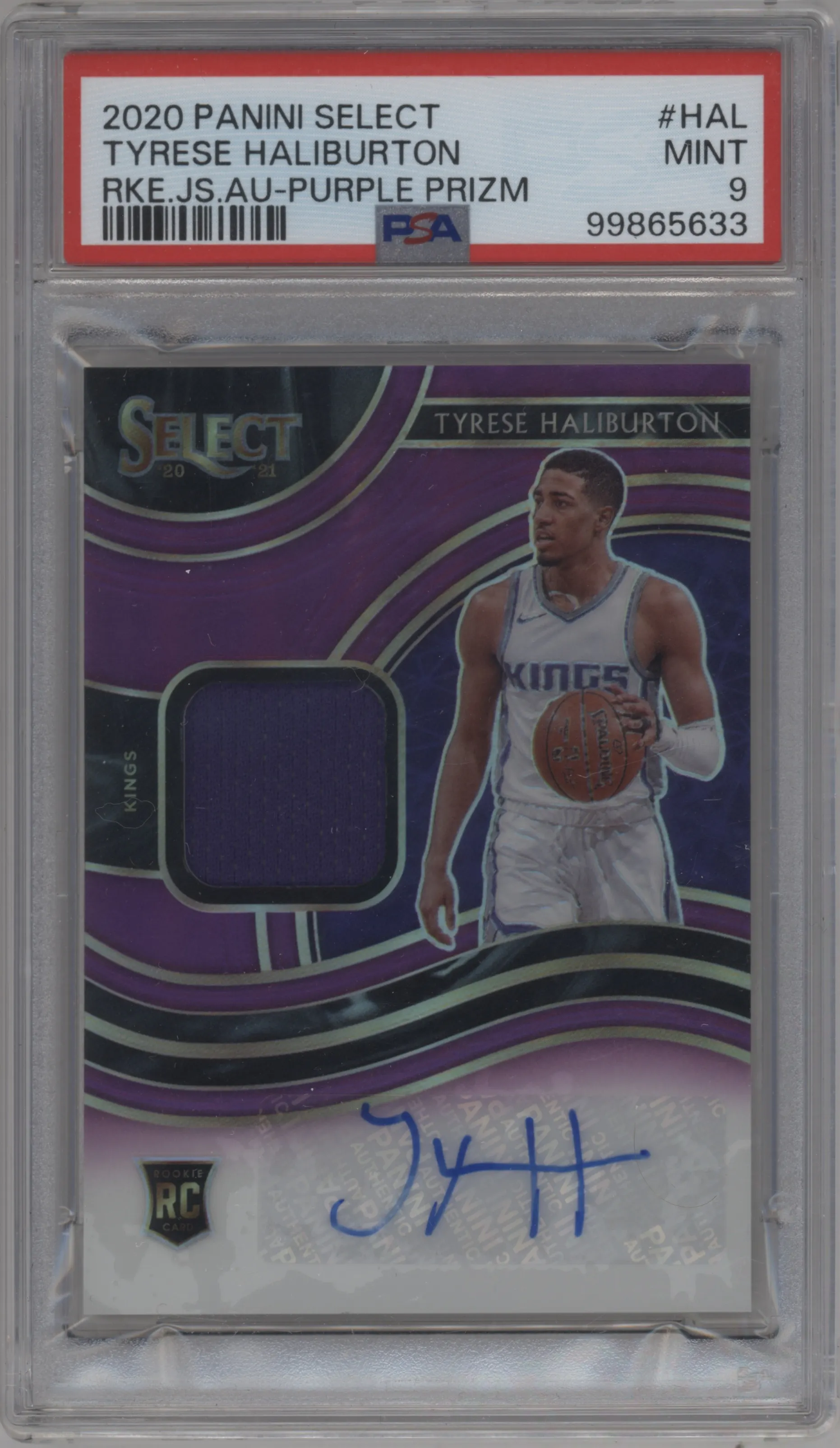 2020 Panini Select Rke.Jrsy.Au. Tyrese Haliburton Purple Prizm #RJA-HAL PSA 9