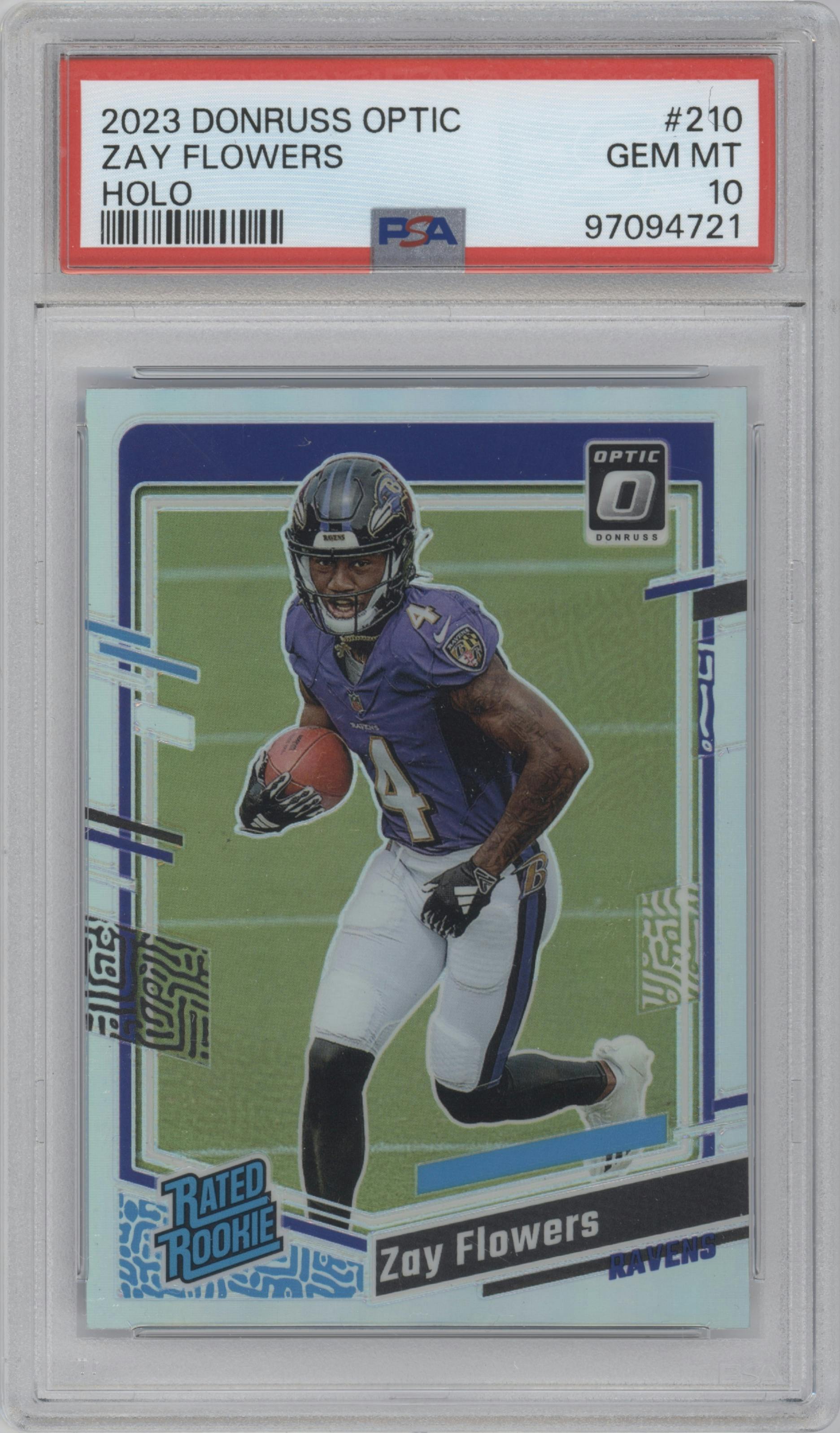 Zay Flowers from the 2023 Donruss Optic set featuring a Holo parallel graded by PSA and given an overall grade of 10.