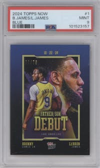 Bronny James Jr./LeBron James from the 2024-25 Topps Now set featuring a Blue parallel graded by PSA and given an overall grade of 9.