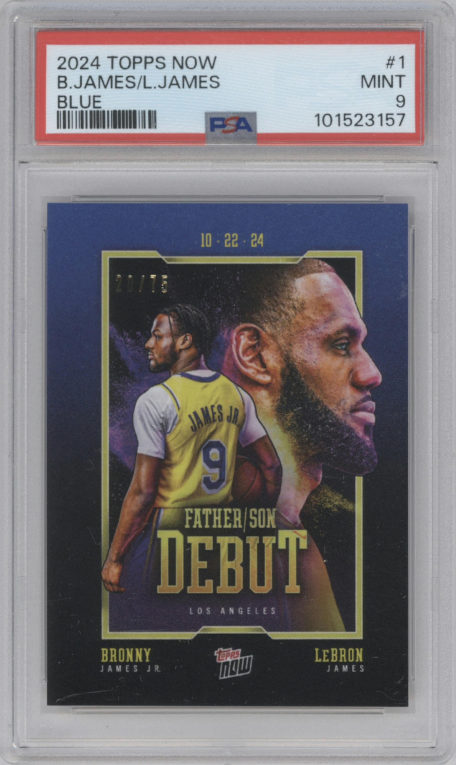 Bronny James Jr./LeBron James from the 2024-25 Topps Now set featuring a Blue parallel graded by PSA and given an overall grade of 9.