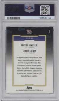 Bronny James Jr./LeBron James from the 2024-25 Topps Now set featuring a Blue parallel graded by PSA and given an overall grade of 9.
