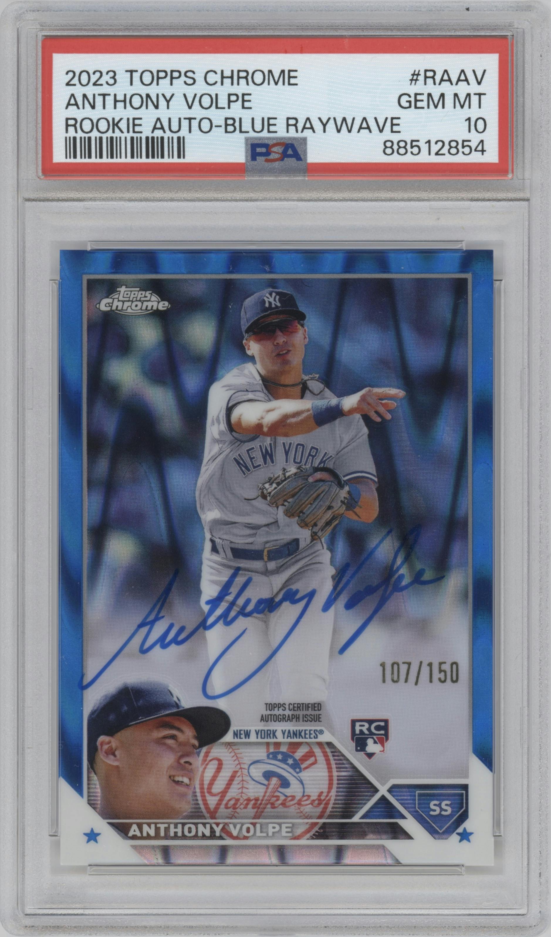 Anthony Volpe from the 2023 Topps Chrome set featuring a Blue RayWave Refractor parallel graded by PSA and given an overall grade of 10.