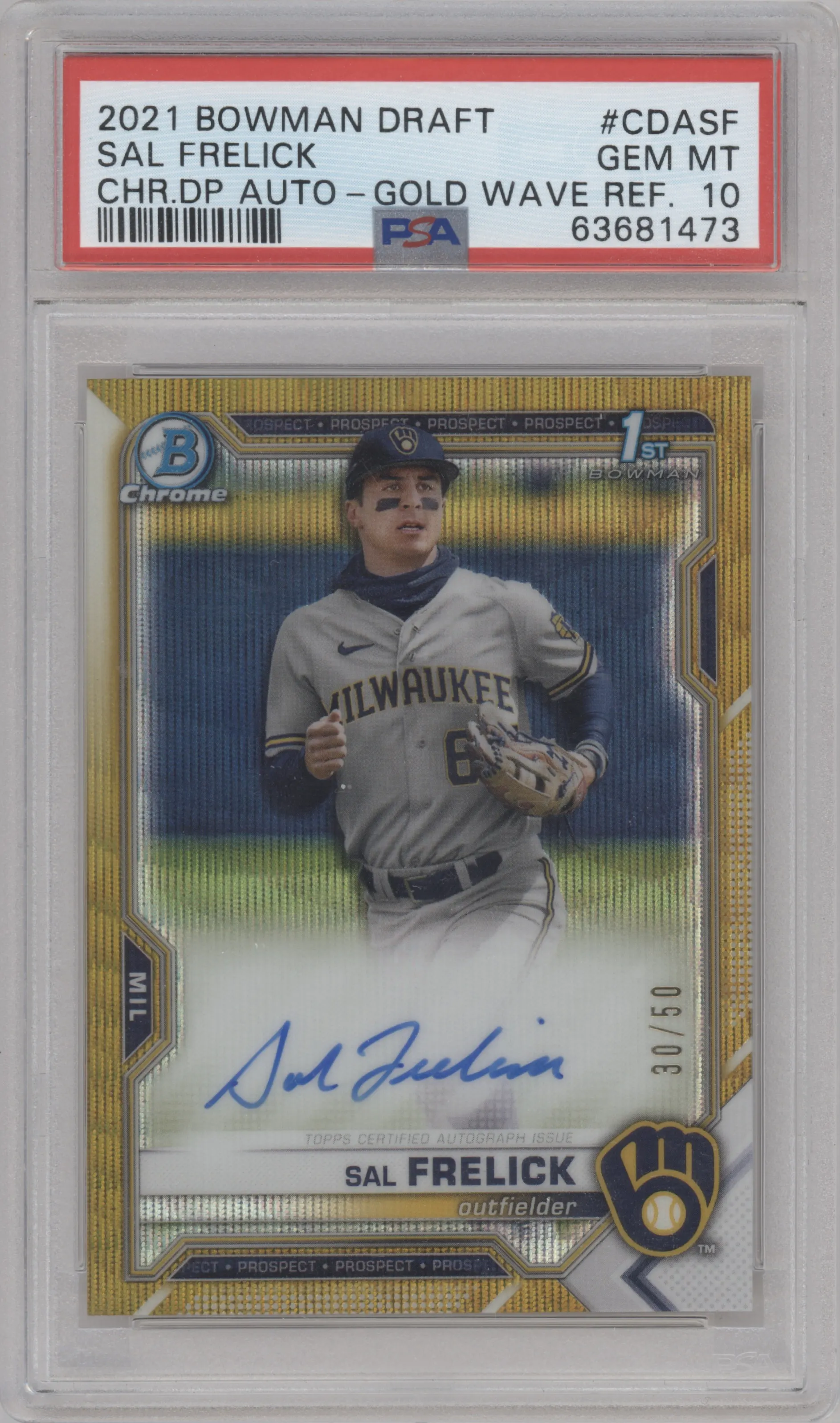 2021 Bowman Draft Chr.DP Auto Sal Frelick Gold Wave Refractor #CDA-SF PSA 10