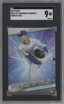 Yoshinobu Yamamoto from the 2024 Topps  set graded by SGC and given an overall grade of 9.