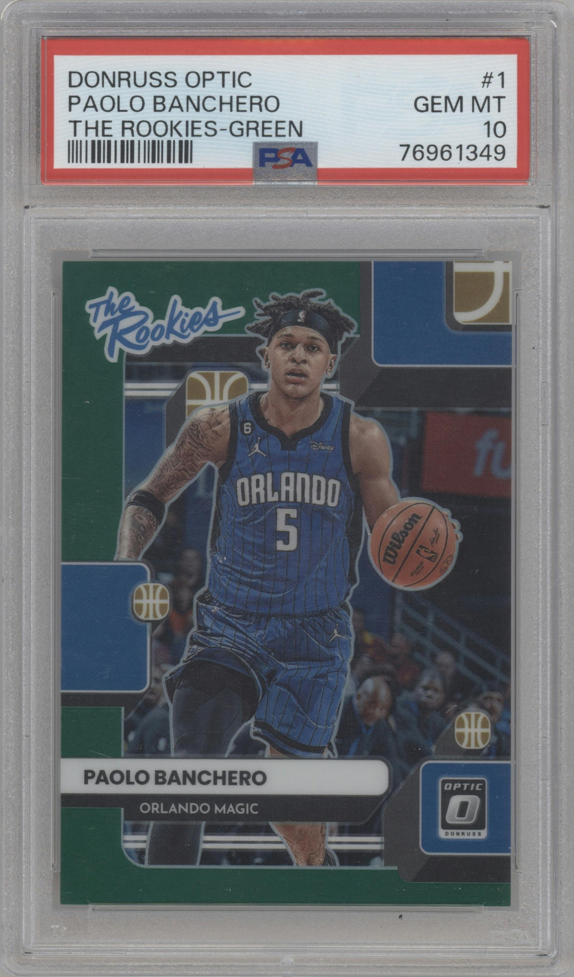 Paolo Banchero from the 2022-23 Panini Donruss Optic  set featuring a Green parallel graded by PSA and given an overall grade of 10.