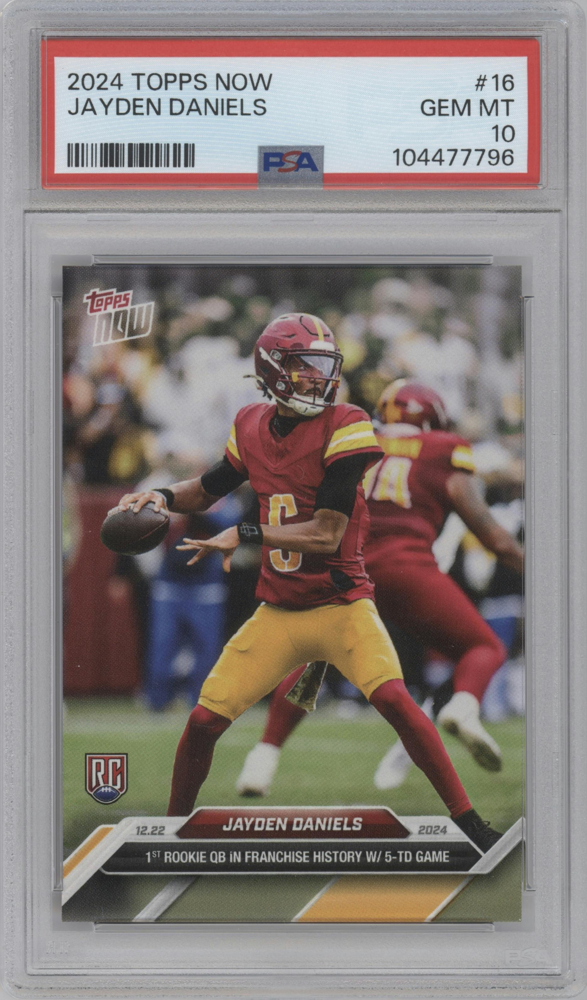 Jayden Daniels from the 2024 Topps Now set graded by PSA and given an overall grade of 10.