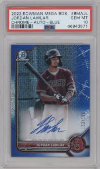 Jordan Lawlar from the 2022 Bowman Mega Box set featuring a Blue Refractor parallel graded by PSA and given an overall grade of 10.